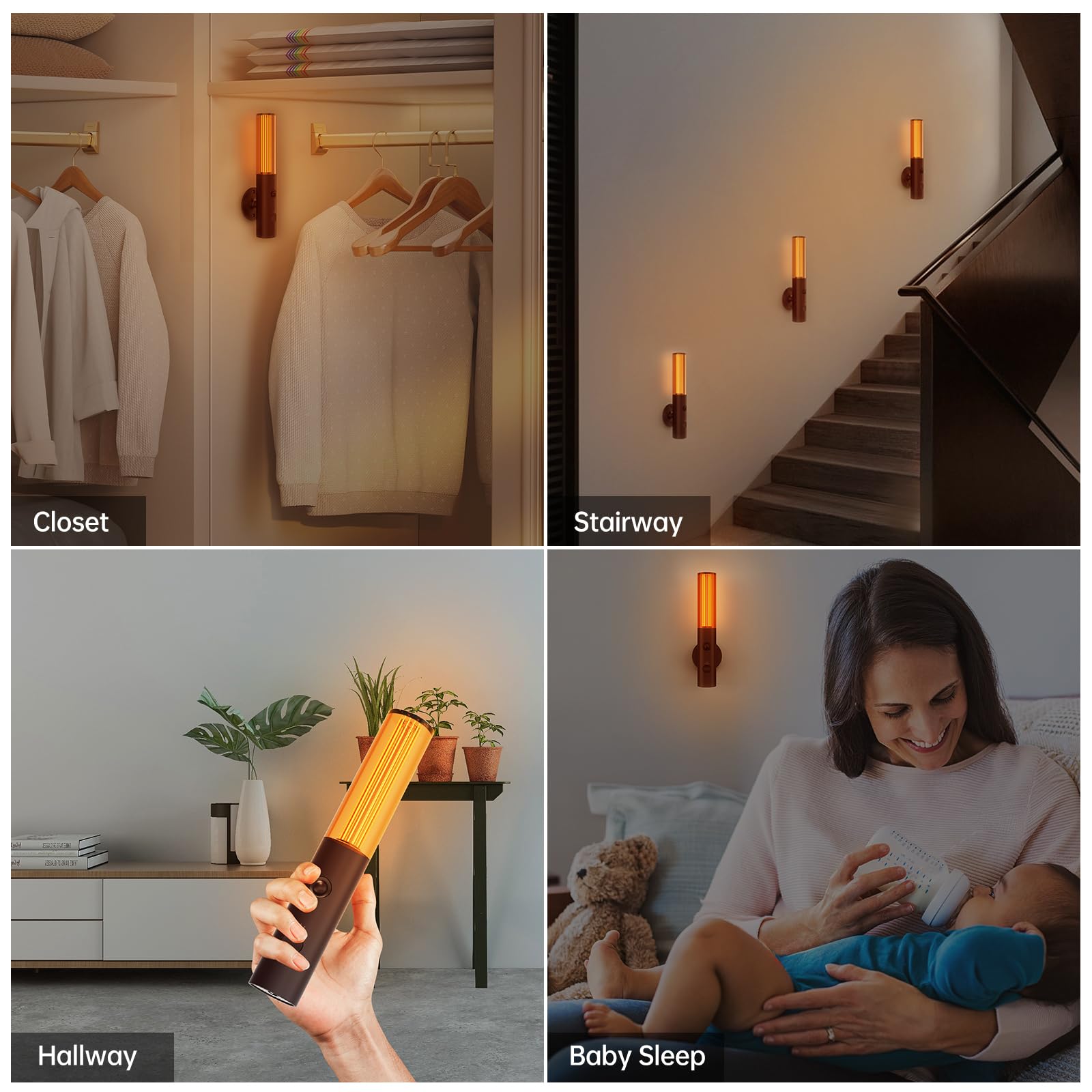 Motion Sensor LED Night Lights, Rechargeable Battery Operated Indoor Smart Motion Detector Nightlights with 3 Modes & 3 Brightness, Auto Body Sensor Wall Lamps for Closet Stairway Cabinet