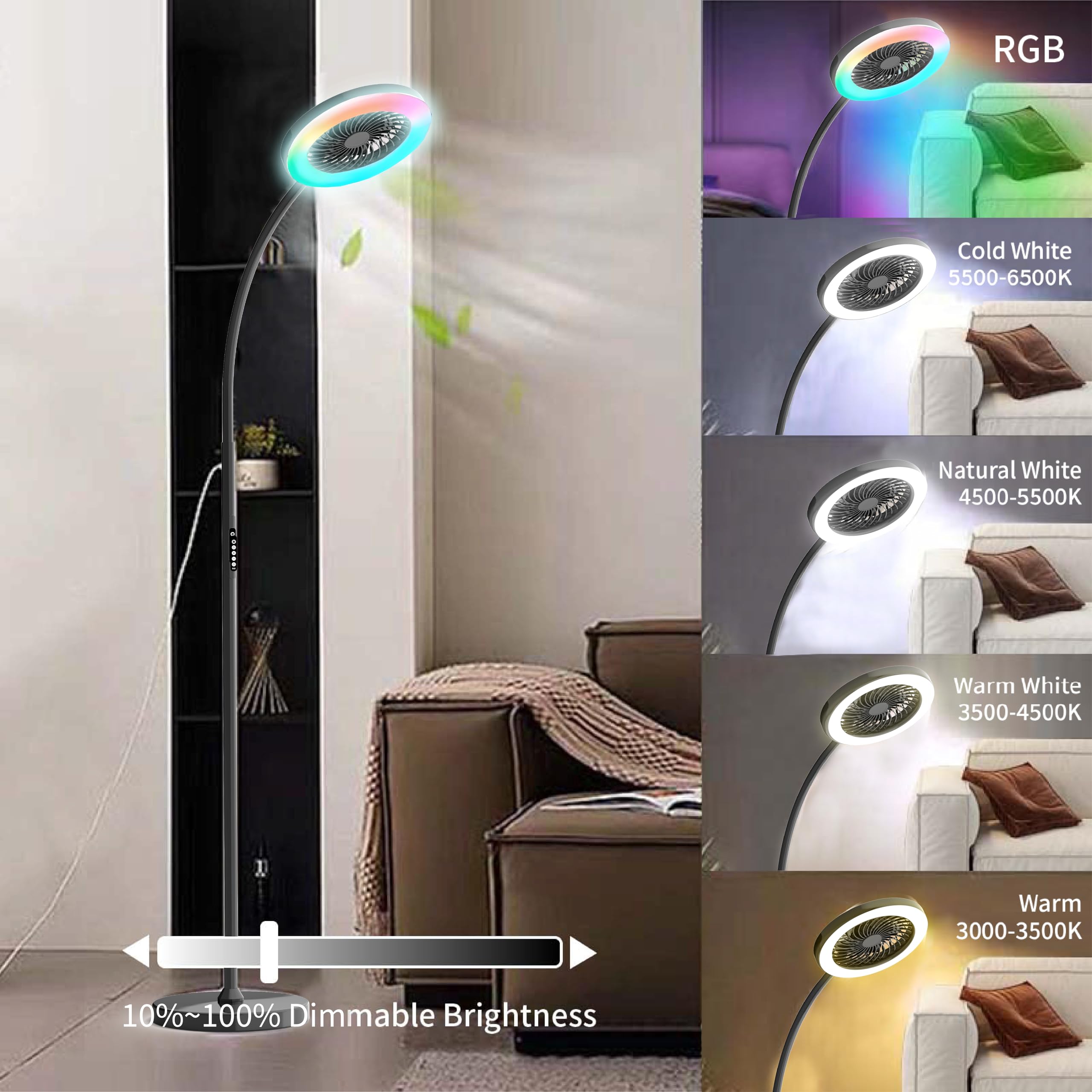  Floor Lamp with Fan Fan Light with RGB 18w/1500lm LED Floor Famp, Stepless Adjustable 3000K-6000K Color and Dimmer, Remote and Button Control, Adjustable Gooseneck Gloor Lamp 