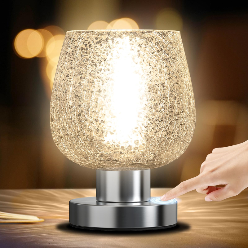 Touch Bedside Table Lamp for Bedroom Nightstand, Vintage Small Touch Lamp with Decorative Stained Glass Shade, Ambient LED Bulb, 3-way Dimmable Nightlight for Read, Retro Holiday Birthday Gifts 