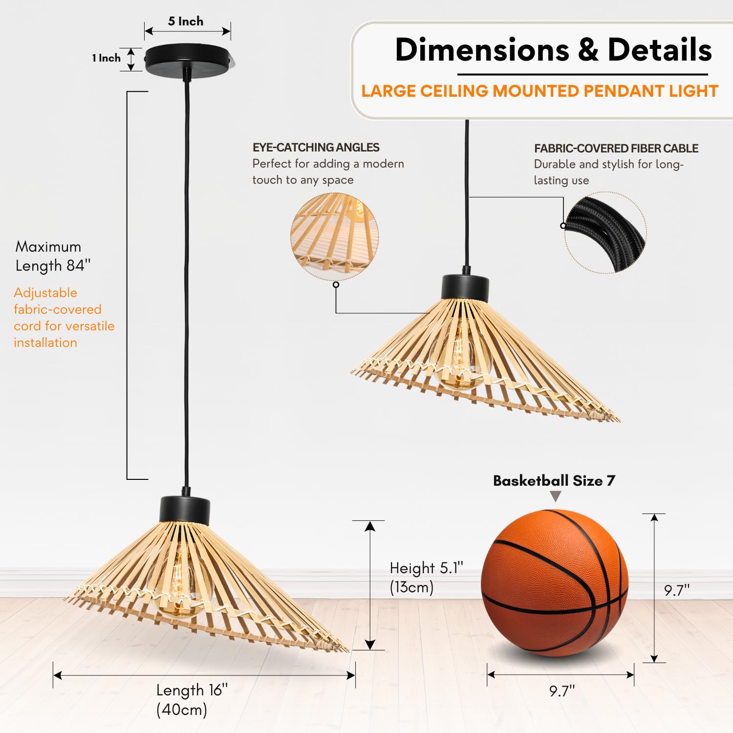 Large Rattan Hanging Pendant Light, Boho Light Fixtures Ceiling, Bohemian Woven Rattan Farmhouse Chandelier Light for Kitchen, Living Room, Dining Room, Bedroom 