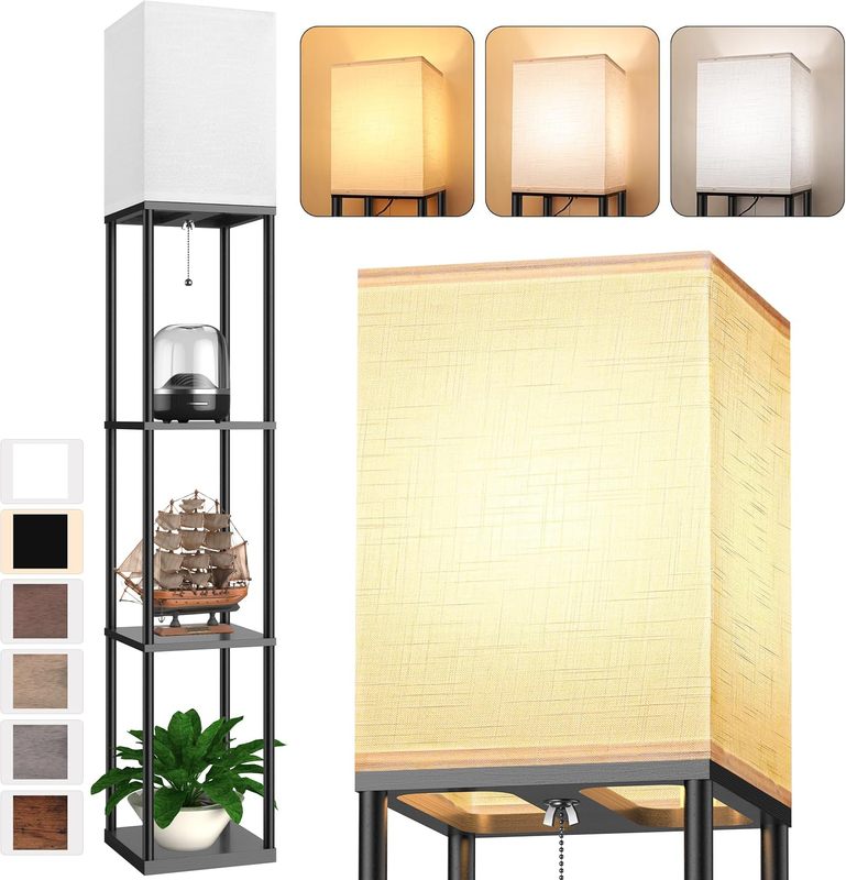 Floor Lamp with Shelves for Living Room, Shelf Floor Lamp with 3 CCT LED Bulb, Corner Display Standing Column Lamp Organizer Tower Nightstand with White Linen Shade for Bedroom, Office 