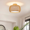 Rattan Ceiling Light Fixtures, Hand-woven Boho Flush Mount Ceiling Light, Handmade Rattan Light Fixtures Ceiling Mount with Fabric Shade, Farmhouse Light Fixture for Bedroom Hallway Entryway