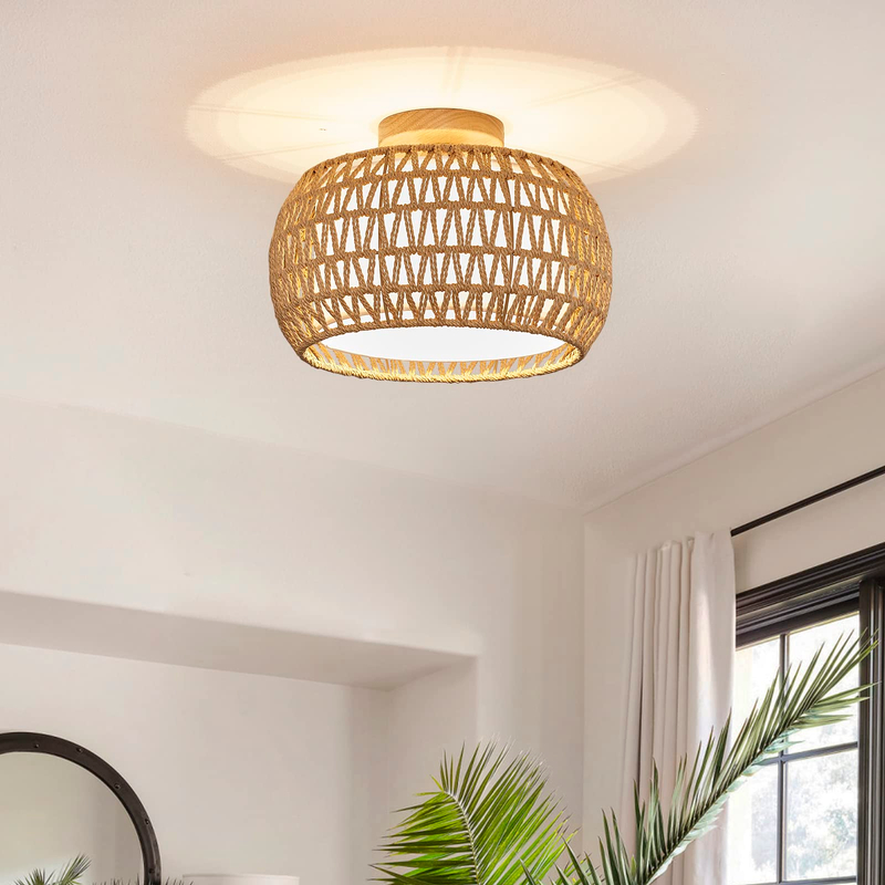 Rattan Ceiling Light Fixtures, Hand-woven Boho Flush Mount Ceiling Light, Handmade Rattan Light Fixtures Ceiling Mount with Fabric Shade, Farmhouse Light Fixture for Bedroom Hallway Entryway