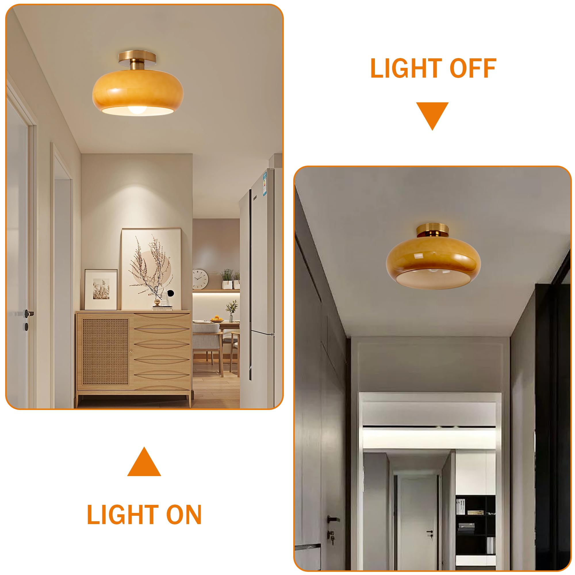 Semi Flush Mount Ceiling Light Fixture Gold Mid Century Modern Ceiling Lighting with Orange Dome Glass Shade Hallway Light Fixtures Ceiling Lamp for Bedroom Living Dining Room Kitchen 