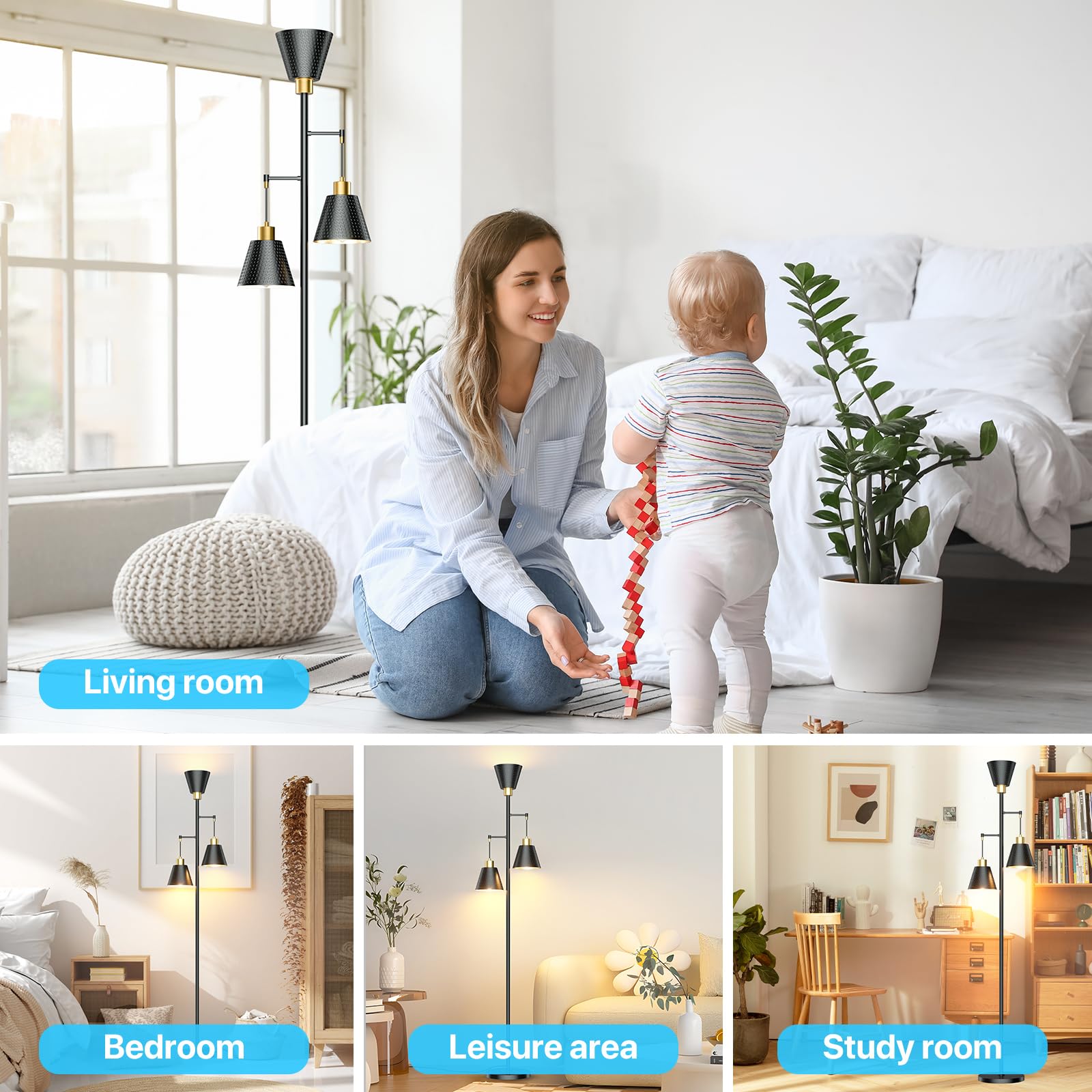 Floor Lamps for Living Room - Black Floor Lamp with Cage Shade 70'' Standing Lamps for Living Room Corner Floor Lamp with 3 LED Bulbs Rustic Floor Lamp