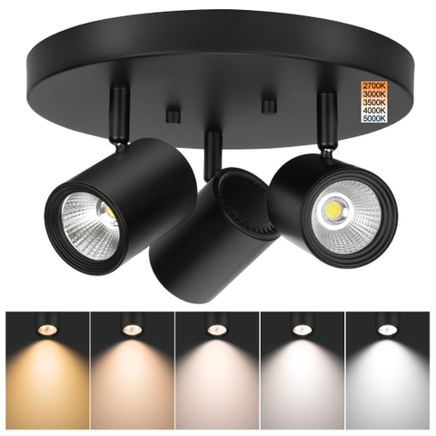 5CCT 3-Light Multi Directional LED Track Light, 3 Head Semi Flush Mount Ceiling Light, 2700/3000/3500/4000/5000K Selectable, 15W Dimmable Black LED Ceiling Spotlight for Kitchen, Hallway