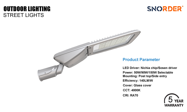 1. 50W 90W 150W LED outdoor street lamp 4000K 5-year warranty 7000lm 12600lm 21000lm optional 140lmw
