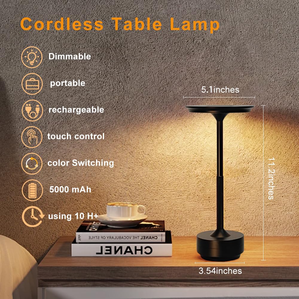 LED Cordless Table Lamps, Portable Rechargeable 5000mAh Outdoor Lighting, 3 Color Stepless Dimming Battery Powered Bedside Table Lamp,wireless Lamp For Bedroom/Living room/Camping/patio