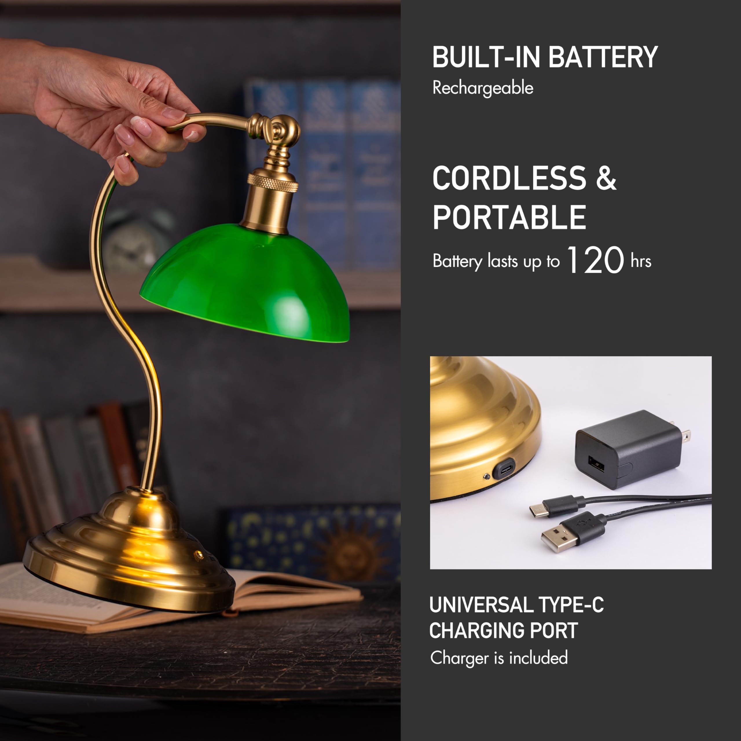 Cordless LED Table Lamp, Battery-Operated, Rechargeable, 3-Level Dimming, Universal USB-C Charging, 180° Swivel Head, Classic Glass Shade, Antique Brass 