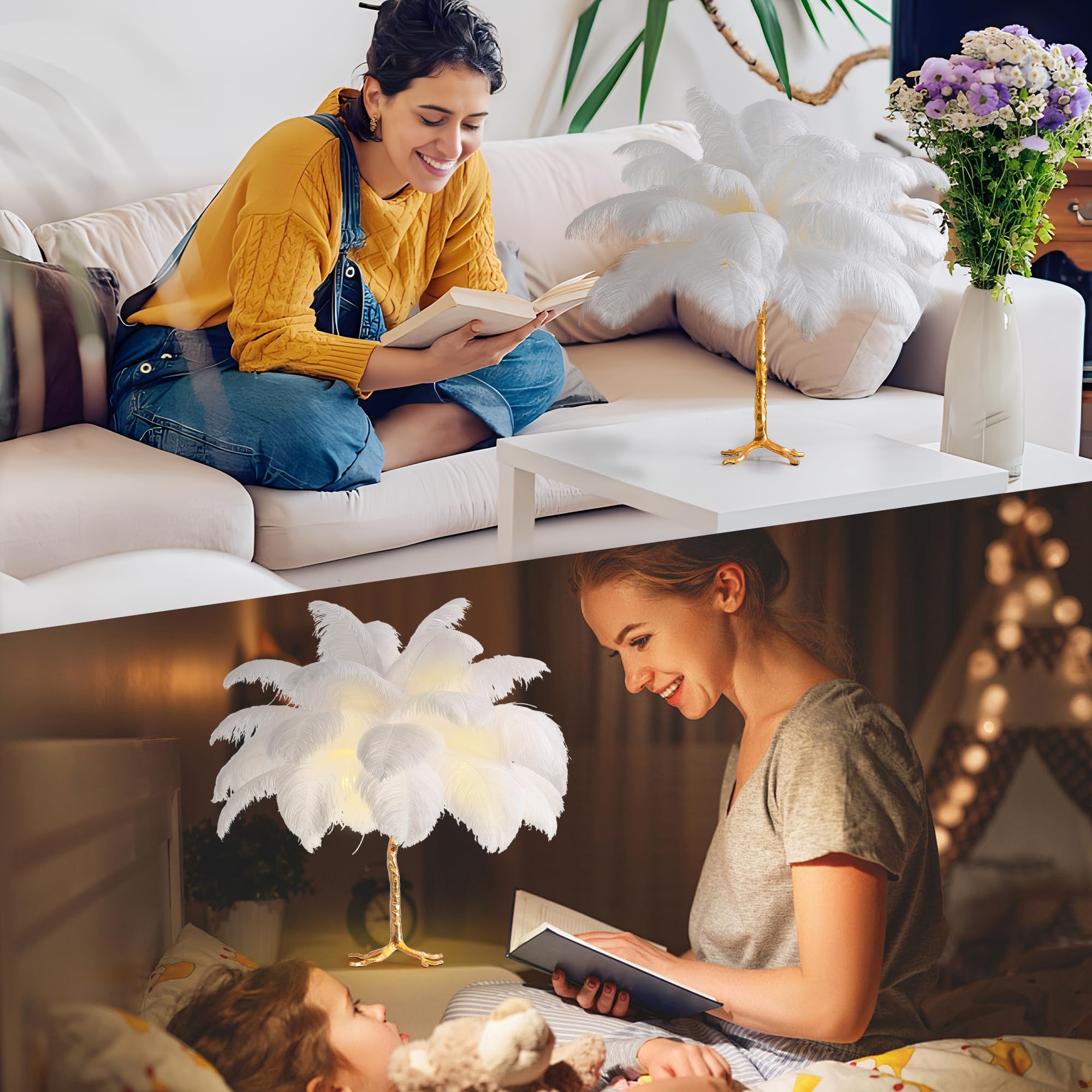 Real Ostrich Feather Table Lamp with Plug in Wire Modern Feather Lamp 3-Light Bedside Table Lamp for Living Room, Bedroom and Office 24” Tall Feather Desk Lamp