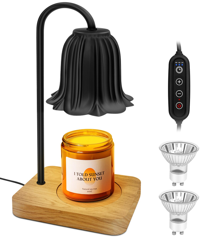 Candle Warmer Lamp, Dimmable Candle Warmer with 2 Bulbs, 2H/4H/8H Timer Candle Lamp Heater for Home Scented Large Small Jar Candles (Black) (Black Flower) 