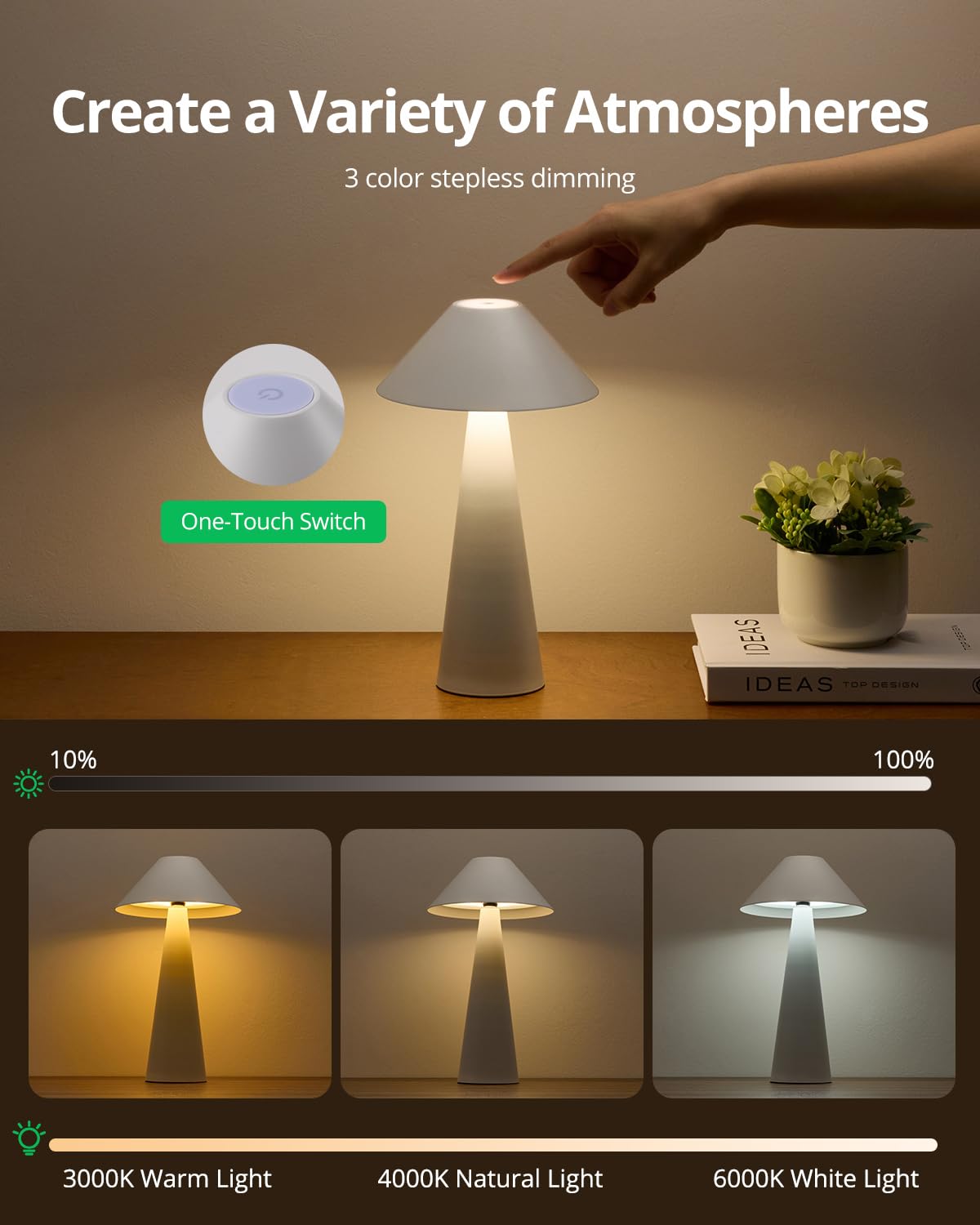 Magnetic Cordless Table Lamp, Rechargeable LED Lamp with Rotatable Shade, 3-Color Dimming for Home Use 