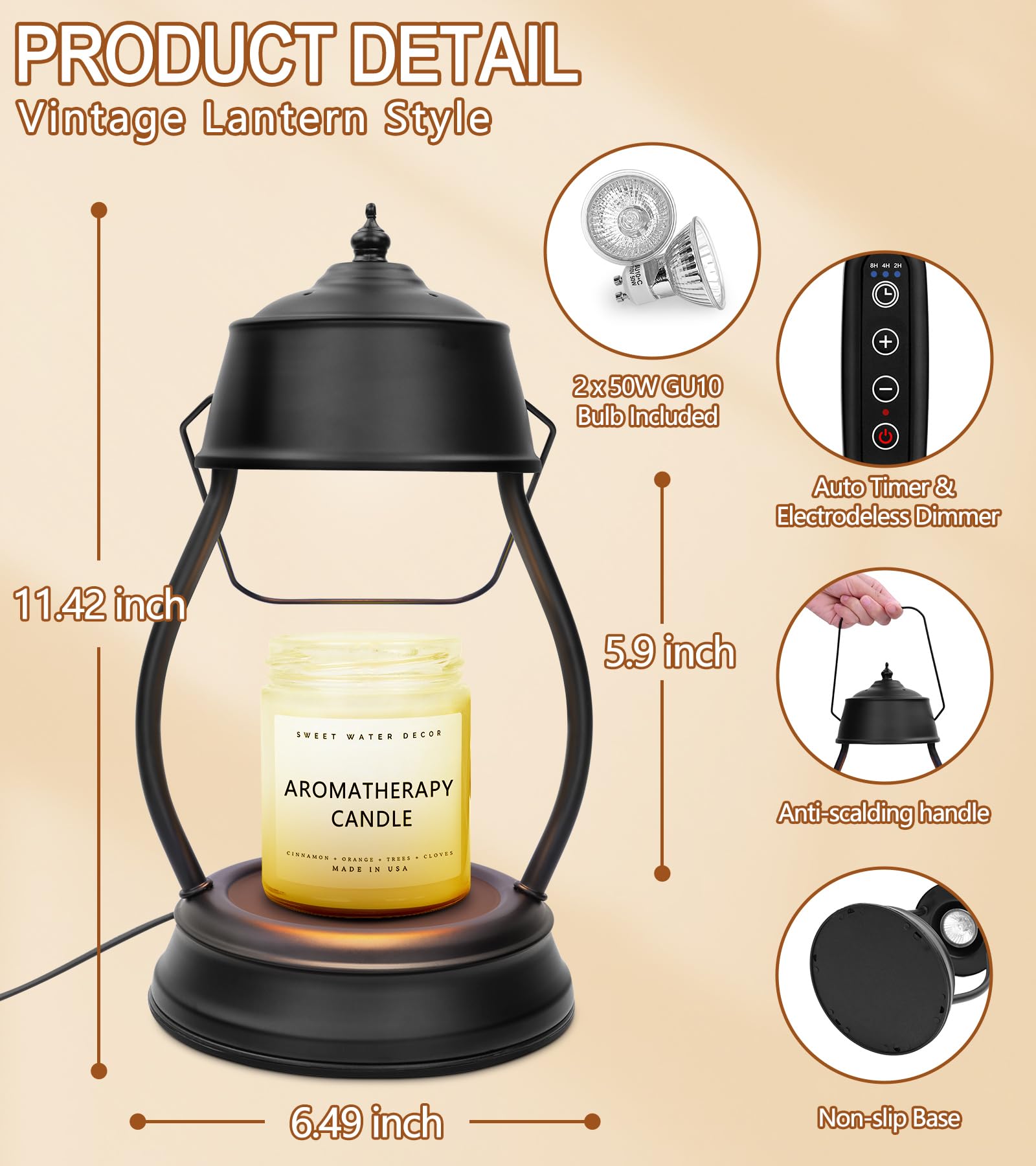  Candle Warmer Lamp, Dimmable Electric Lantern Candle Warmer with Timer, Home Decor Black Candle Lamp Warmer, Birthday Presents for Women, Large Lamp Candle Warmer Birthday Presents for Mom 