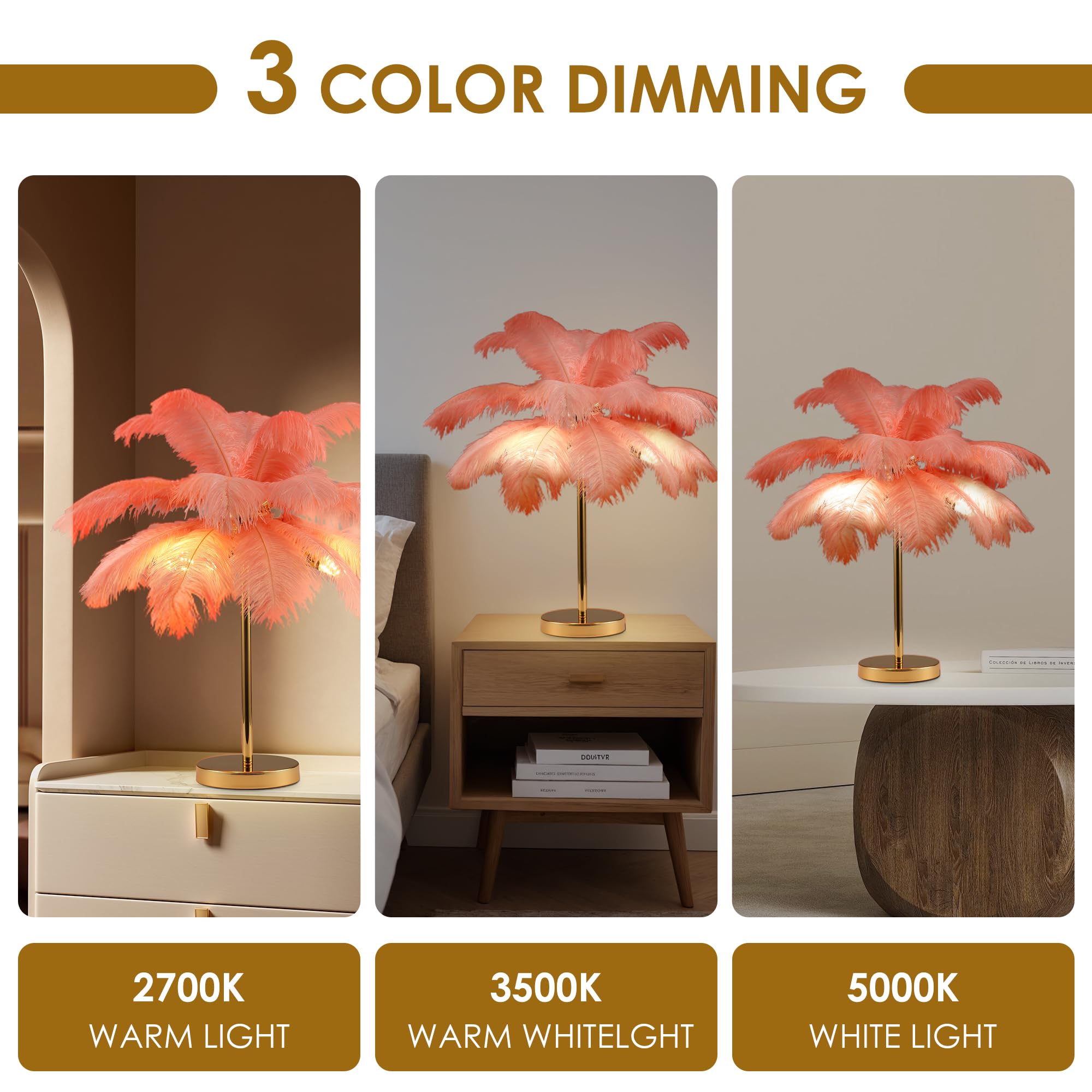  Ostrich Feather Table Lamp with Plug in Wire Modern Feather Lamp 3-Light Bedside Table Lamp for Living Room, Bedroom and Office 24” Tall Feather Desk Lamp