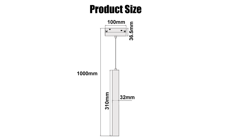 2. Product line size figure 7W Modern LED selling magnetic chandelier 3000K 4000K 6000K optional product size L100W32H1000mm, IP20 indoor lighting 3-year warranty
