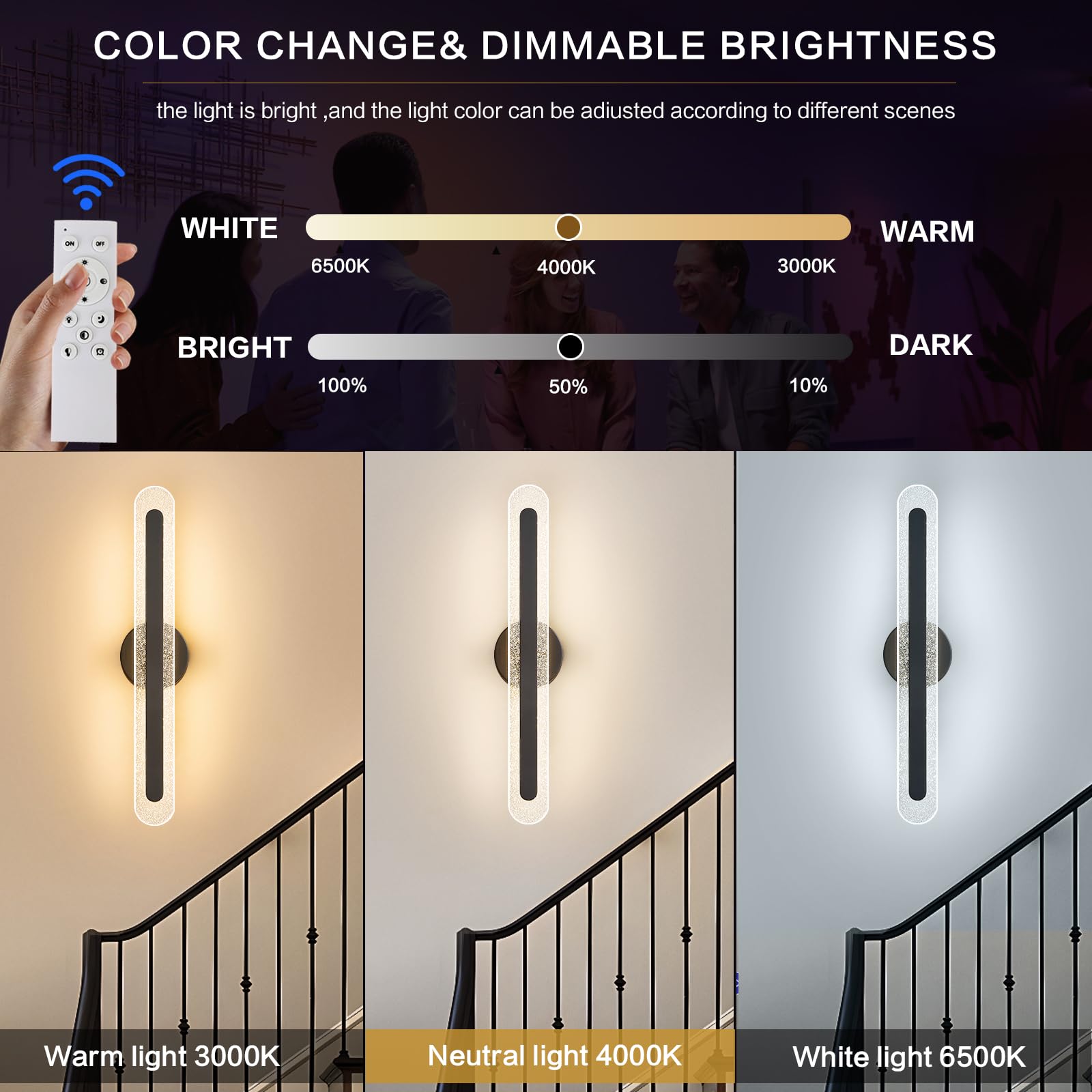 Modern Black Wall Scones Light 22.8Inch Wall Lamps with Remote Control Dimmable Color Temperature, Acrylic LED Vanity Lighting for Living Room Hallway Bathroom Bedroom Stairs