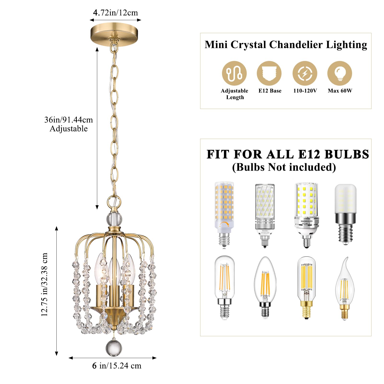 Small Gold Crystal Chandelier, 3-Light Modern Mini Crystal Pendant Light with 36'' Adjustable Chain, K9 Crystal Lighting Chandelier for Bedroom, Kitchen, Entryway