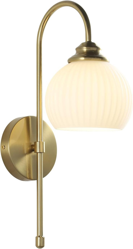 1-Lighting Milk Ribbed Glass Wall Sconce Indoor Gold and White Wall Sconce Minimalist Slim Long Sconces Brass Hallway Wall Light Fixtures Globe Vanity Lights for Bathroom Bedroom
