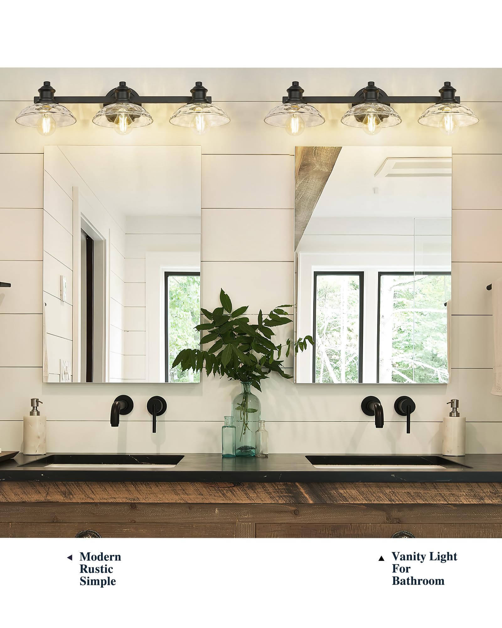 25 Inch Bathroom Light Fixtures Over Mirror, 3-Light Farmhouse Vanity Lights, Black Bathroom Lighting Fixtures with Clear Hammered Glass Shade for Bedroom, Living Room, Kitchen Sink