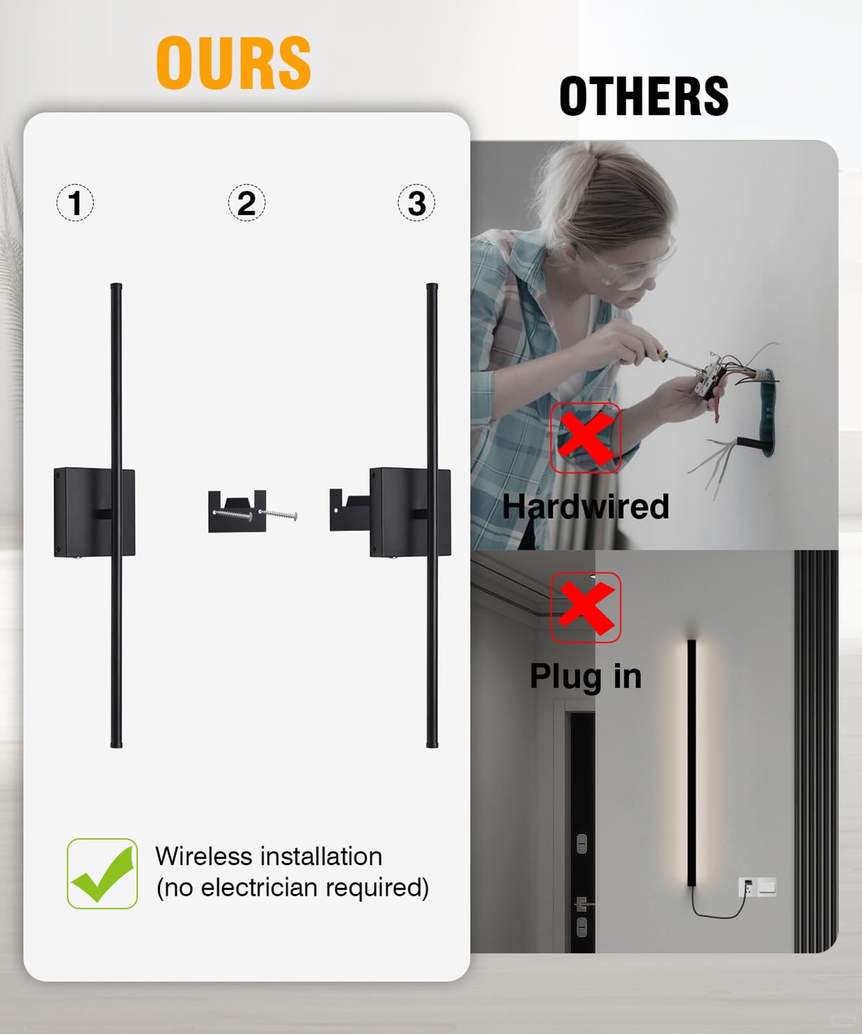 Battery Operated Wall Sconces with Remote Control,Wall Sconces Set of Two,3000K-6000K LED Wireless Wall Light for Bedroom, Hallway, Background Wall, 350°Rotate,28.3 Inch