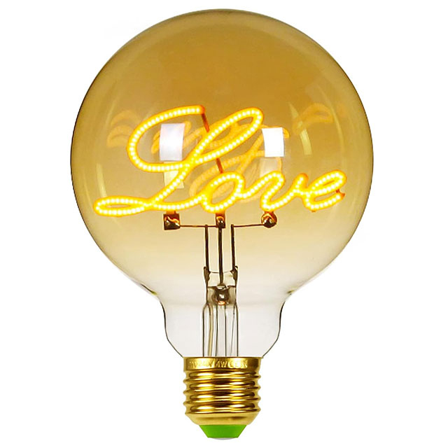 Love Edison Bulb, Vintage Globe Light Bulb, Decoration Love Light Amber Bulb E27 Base 4W(40W Equivalent)- G125 Filament Bulb 1800-2400K Warm White for Indoor & Outdoor