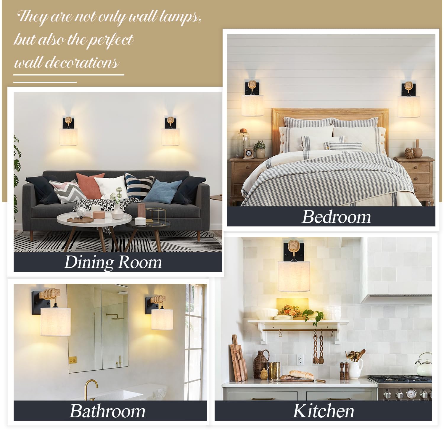  Boho Wall Sconces, Hardwired Farmhouse Fabric Wall Lamps with Wooden Arm & On/Off Dimmable Switch,Rustic Indoor Wall Mount Light Fixtures for Bedroom Nursery Living Room Bathroom