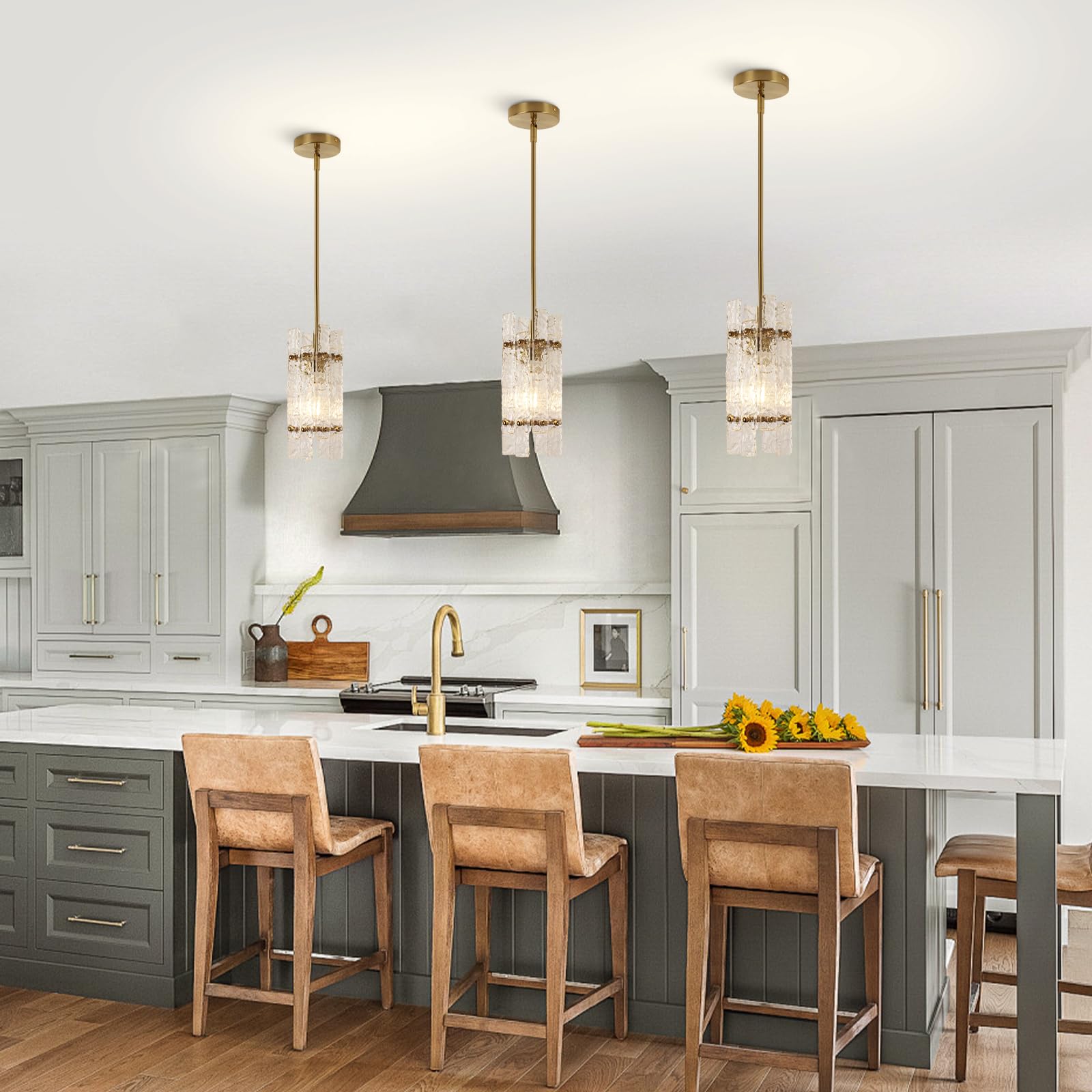 Modern Crystal Pendant Light for Kitchen Island, Gold Luxury Mini Water Ripple Glass Chandelier Lights Fixture, Modern square Adjustable Hanging Pendant Lighting for Dining Room Bedroom