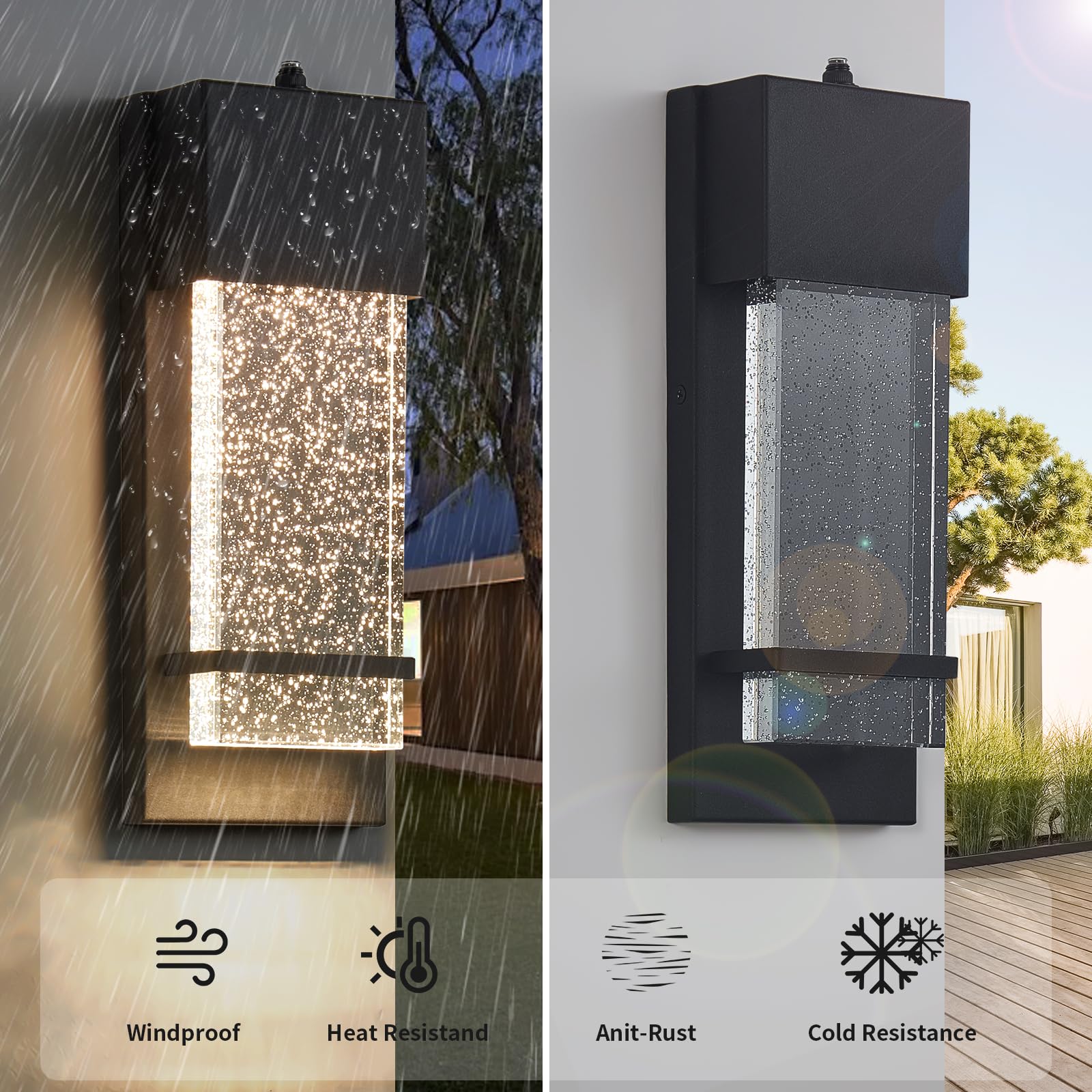  Dusk to Dawn Porch Lights, Modern Black Wall Sconce with Crystal Bubble LED, Outdoor Lighting Fixture