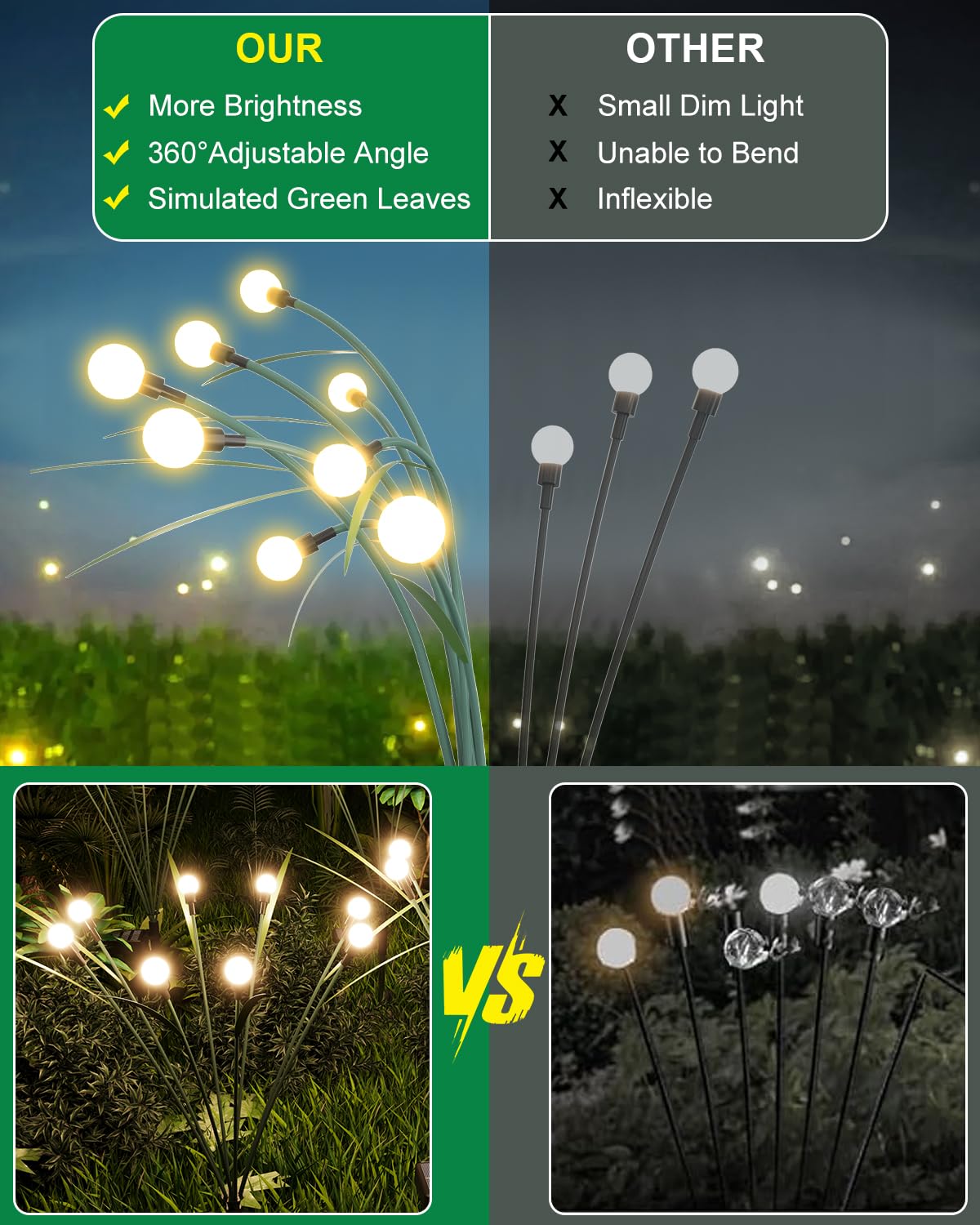 4 Pack Solar Garden Lights,2 Lighting Modes Waterproof Firefly Lights with Artificial Green Leaves & Branches,32 LED Big Bulb Solar Lights Outdoor Swaying Light for Yard Patio Pathway Decor