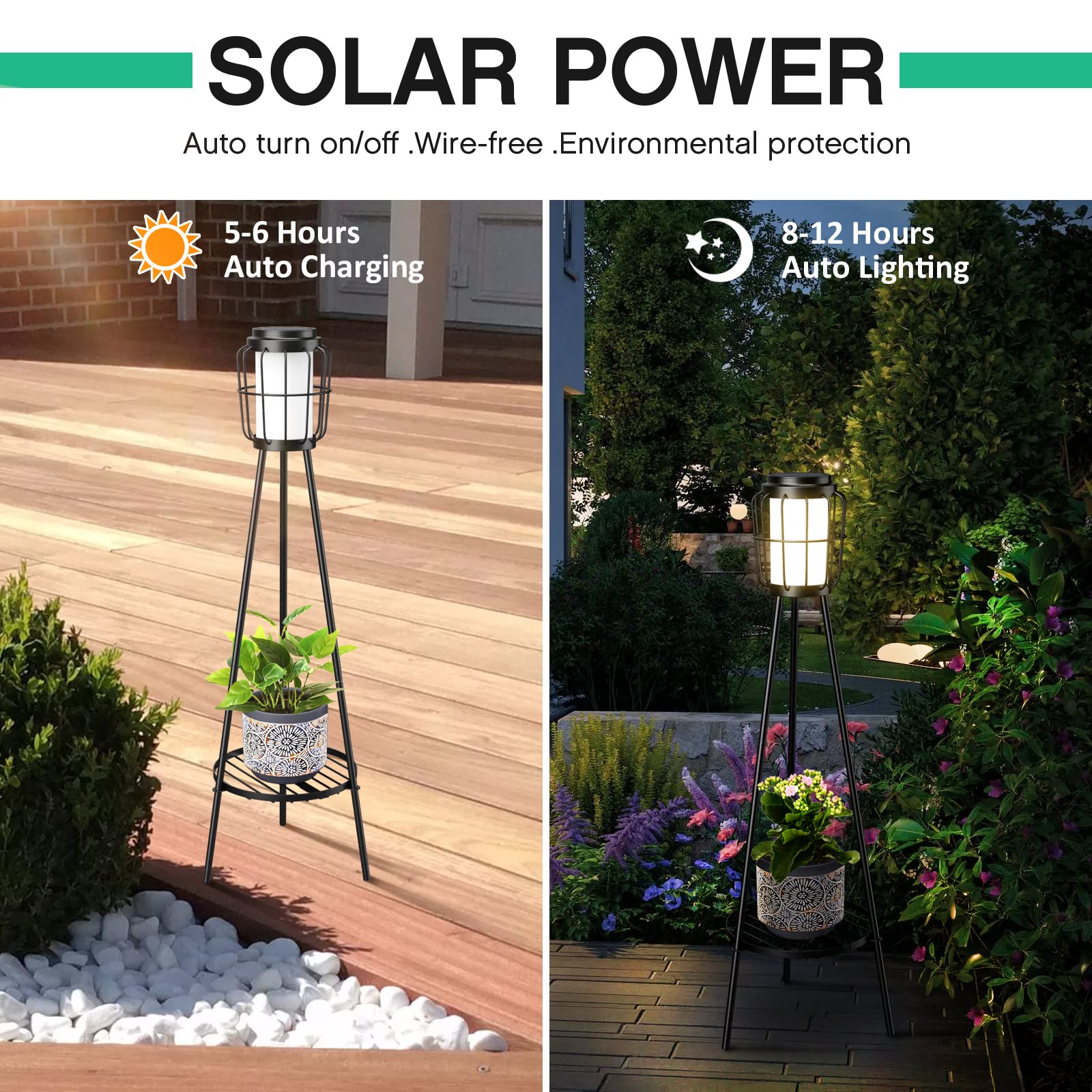 Solar Lights with Plant Stand, Solar Floor Lamps, Waterproof Solar Powered Outdoor Lights Flower Shelf for Patio Porch Deck Yard Garden Decor 