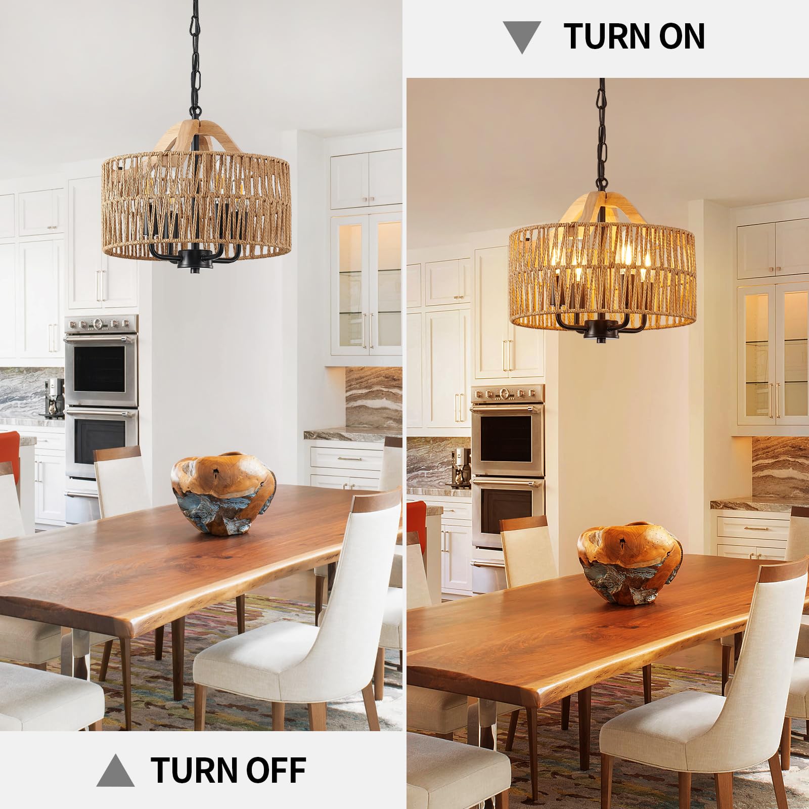 Antique Dining Room Light Fixture, 4-Light Rattan Pendant Light with Drum Shade, Adjustable Woven Wicker Ceiling Hanging Light, Farmhouse Boho Chandelier for Living Room Kitchen Island 