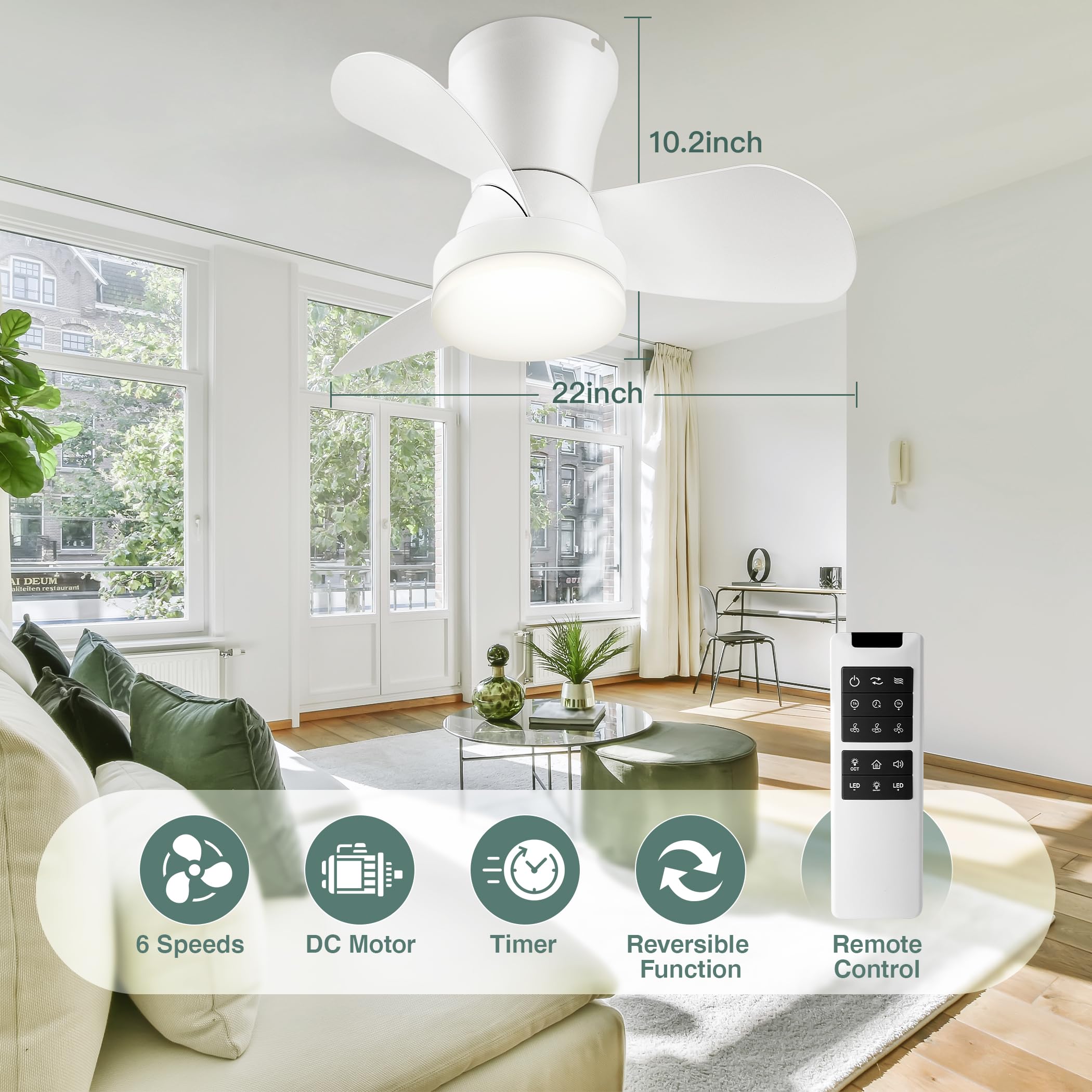 Ceiling Fans with Lights and Remote, Low Profile Ceiling Fan with Light, Modern Flush Mount Ceiling Fan for Bedroom/Kitchen/Dining Room/Patio, 6 Wind Speeds, Dimmable