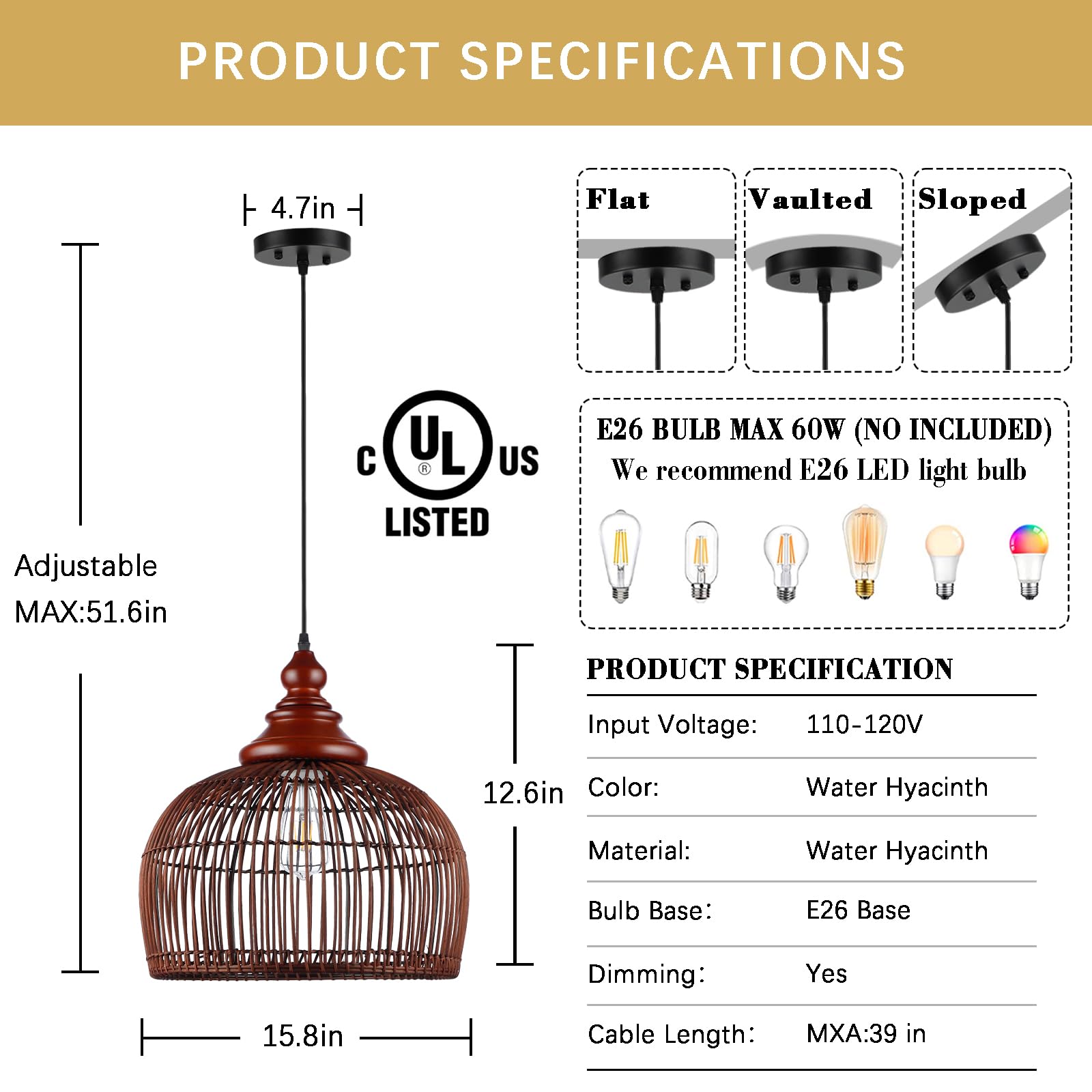 Rattan Pendant Light Kitchen Island, 15.8" Boho Dining Room Light Fixture Hand-Woven Wicker Chandelier Farmhouse Weaving Lighting Coastal Ceiling Hanging Lights for Living Room Restaurant 