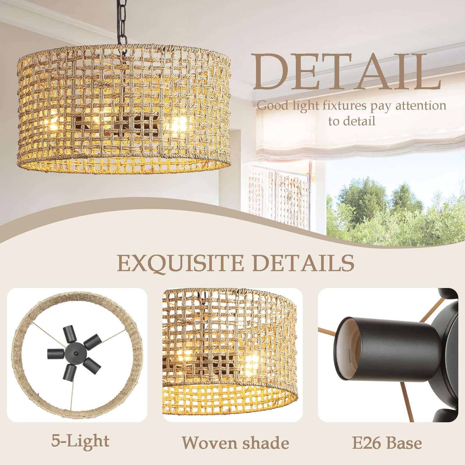 17.7" Rattan Dining Room Light fixtures, 5-Light Hand Woven Pendant Lights Kitchen Island Rattan Boho Chandelier Bohemian Hanging Ceiling Lights Wicker Lighting for Restaurants Living Room 