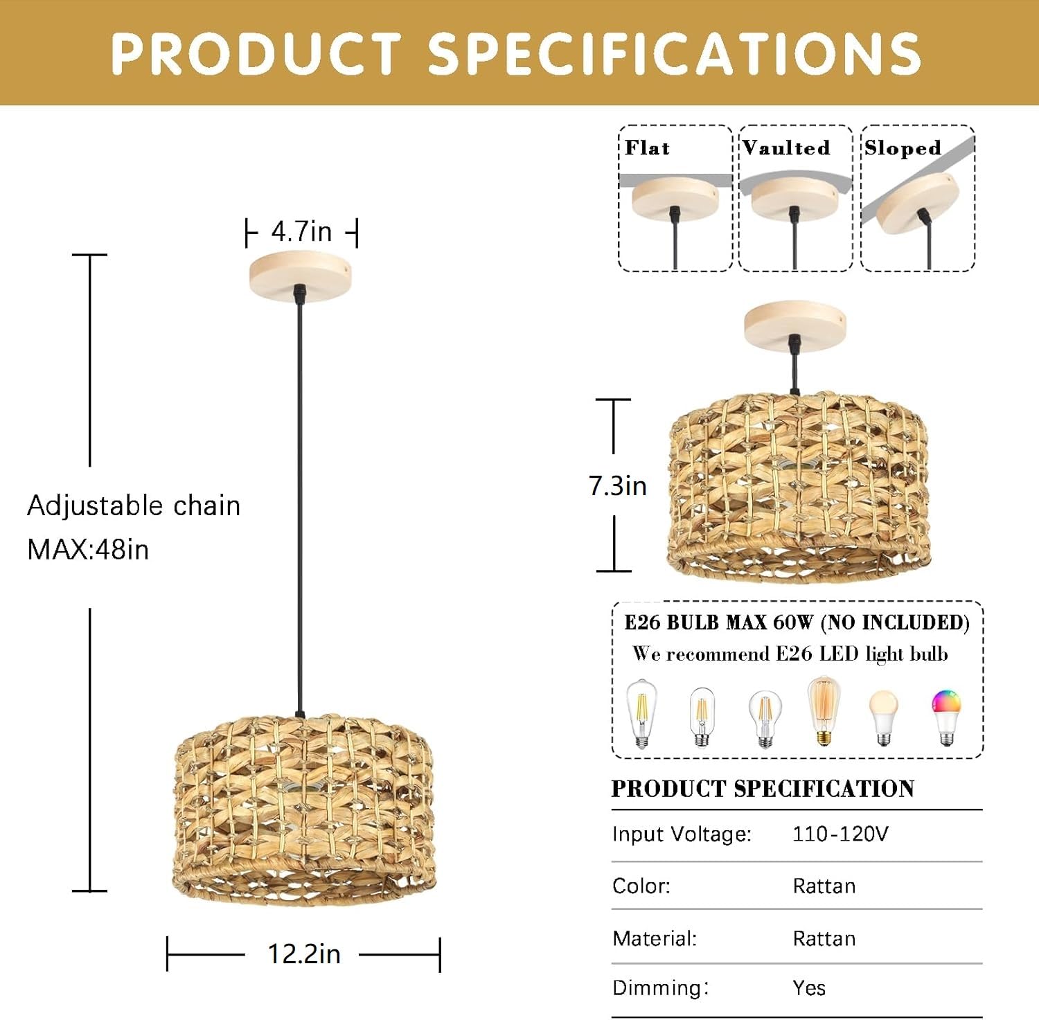 Rattan Pendant Light for Kitchen Island, 12.2in Boho Hand Woven Kitchen Light Fixtures Wicker Dining Room Lighting Coastal Chandelier for Farmhouse Bedroom Living Room Restaurants Bedside