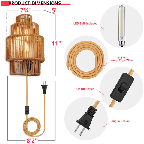 Plug-in Wall Sconce, Handwoven Bohemian Wall Decor with Switch and Bulb, Wall Lights Fixtures for Bedroom Living Room Hallway Porch 