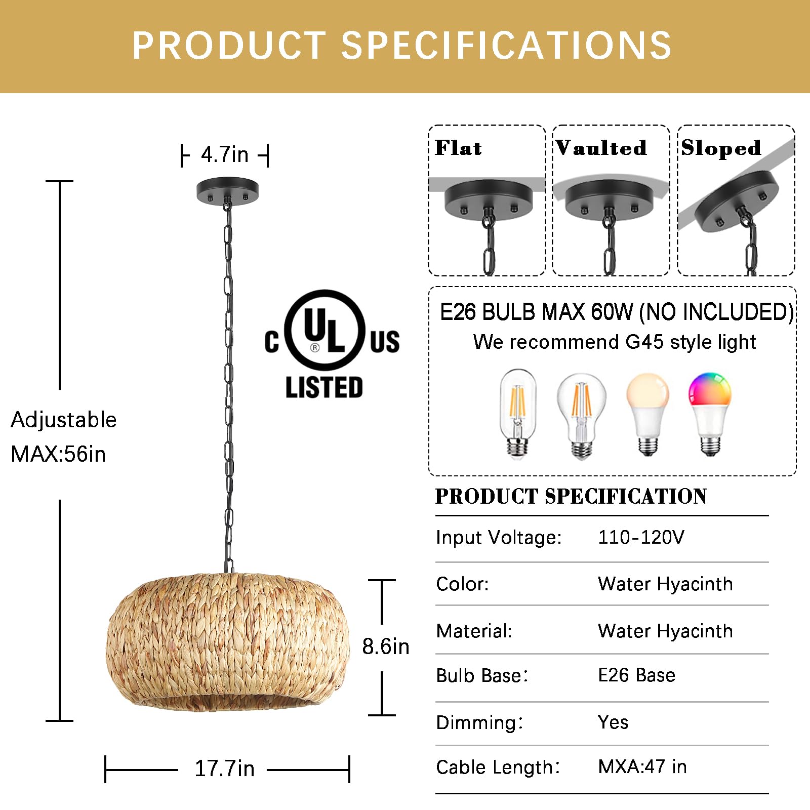 Hand-Woven Boho Pendant Light, 17.7" 5-Light Bohemian Rattan Lighting Fixture Natural Weaving Hanging Ceiling Light Coastal Wicker Chandelier for Kitchen Island Living Dining Room Restaurants 