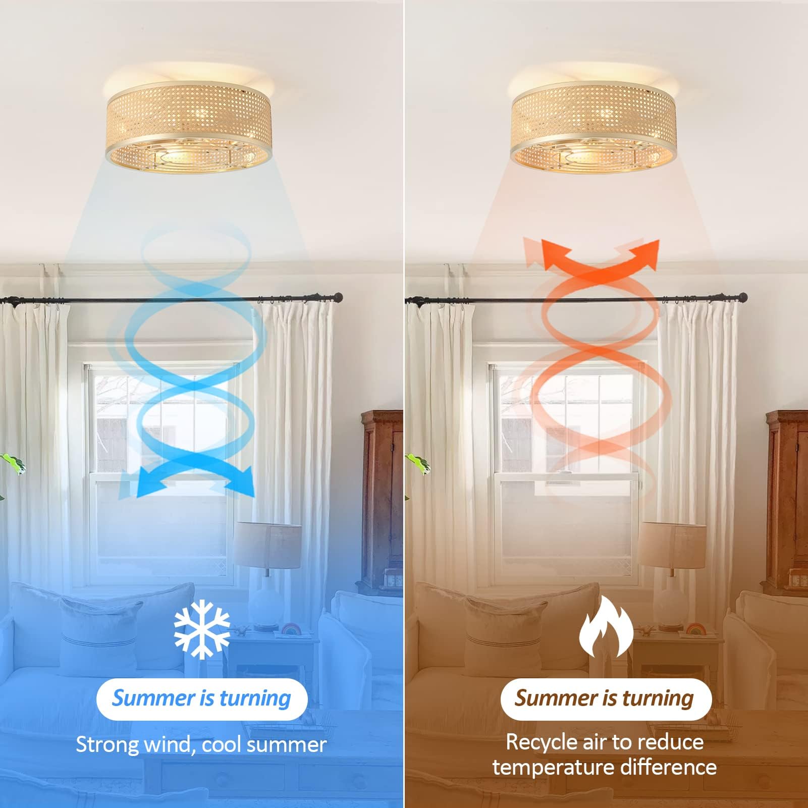 20 Inch Boho Caged Ceiling Fans with Lights Flush Mount, Layered Rattan Ceiling Fan with Light Remote Control with Reversible 6 Speeds for Bedroom, Nursery, Living Room, E12 Base, Indoor 