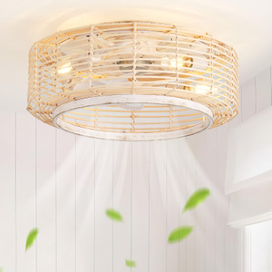 20 Inch Boho Rattan Ceiling Fan with Light,Flush Mount Ceiling Fan with Light and Remote Control,Enclosed 6-Speed Reversible Motor for Bedroom, Kitchen, Dining Room 