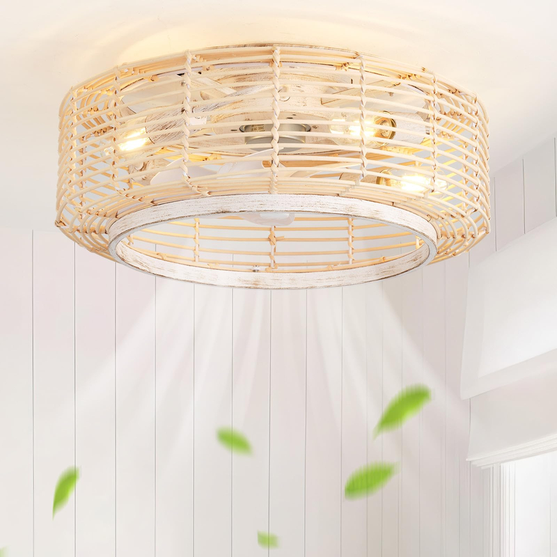20 Inch Boho Rattan Ceiling Fan with Light,Flush Mount Ceiling Fan with Light and Remote Control,Enclosed 6-Speed Reversible Motor for Bedroom, Kitchen, Dining Room 