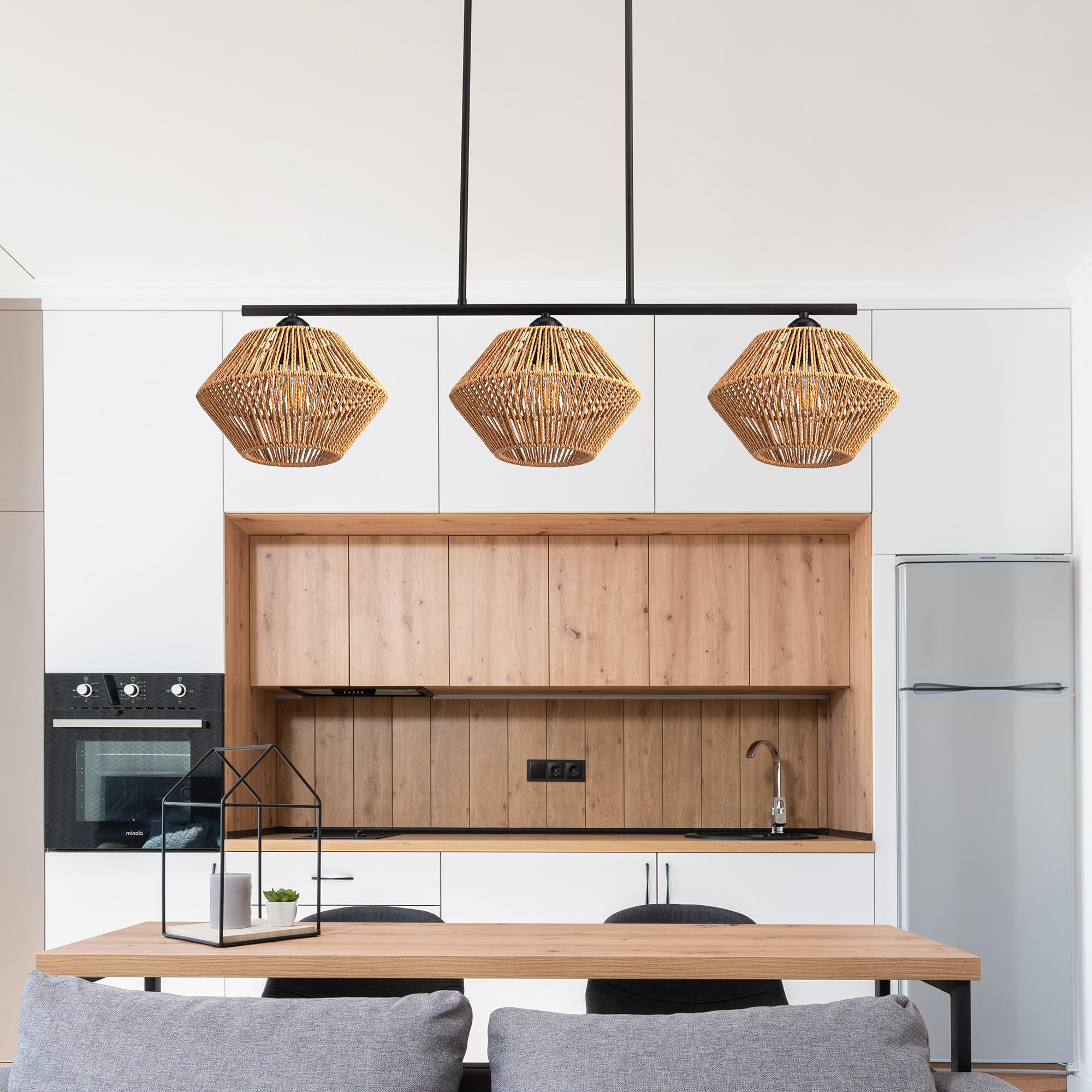 3-Light Rattan Chandeliers for Dining Room, Boho Light Fixture with Hand-Worked Woven Cage Lampshade, Farmhouse Kitchen Island Lighting Fixtures for Dining Room, Living Room 