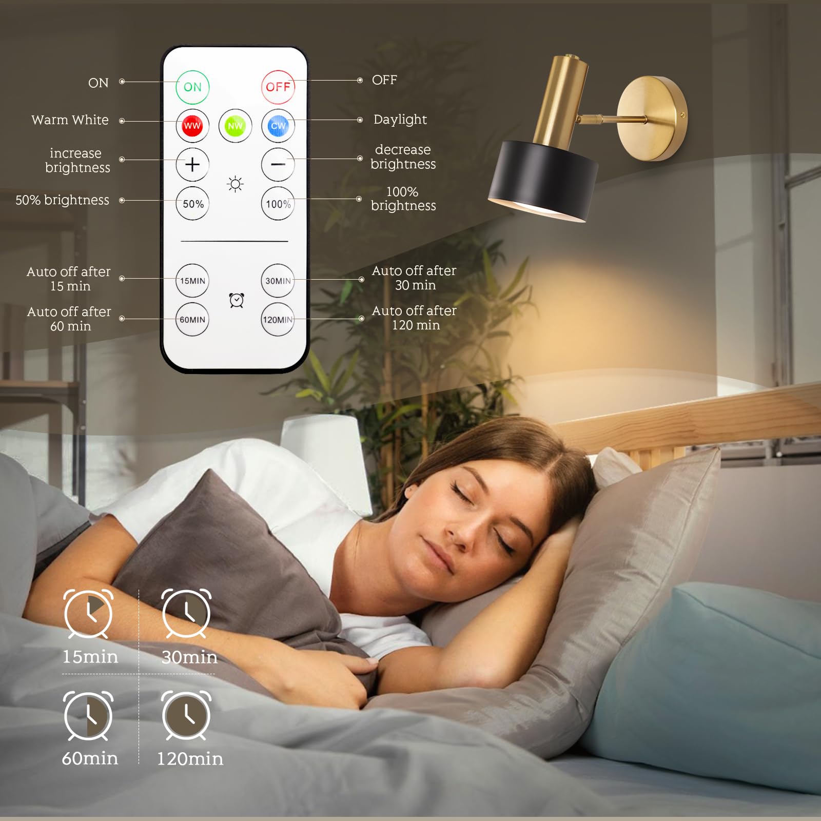 Battery Operated Wall Lights, Wireless Battery Powered Wall Sconce, Modern Metal Indoor Wall Lamp, Dimmable with Remote, Suitable for Living Room Bedroom Golden-Like Brass Finish