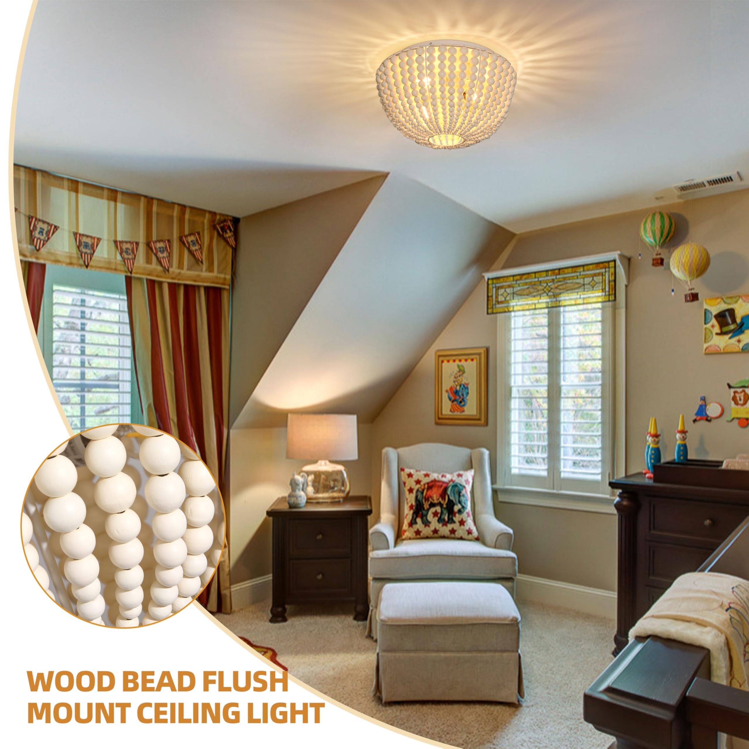 3 Light 12.6 Inch Boho Light Fixtures Ceiling Wood Beaded Flush Mount Ceiling Light Bohemia Wood Beaded Chandelier Farmhouse Boho Chandelier Light Fixture for Dining Room 