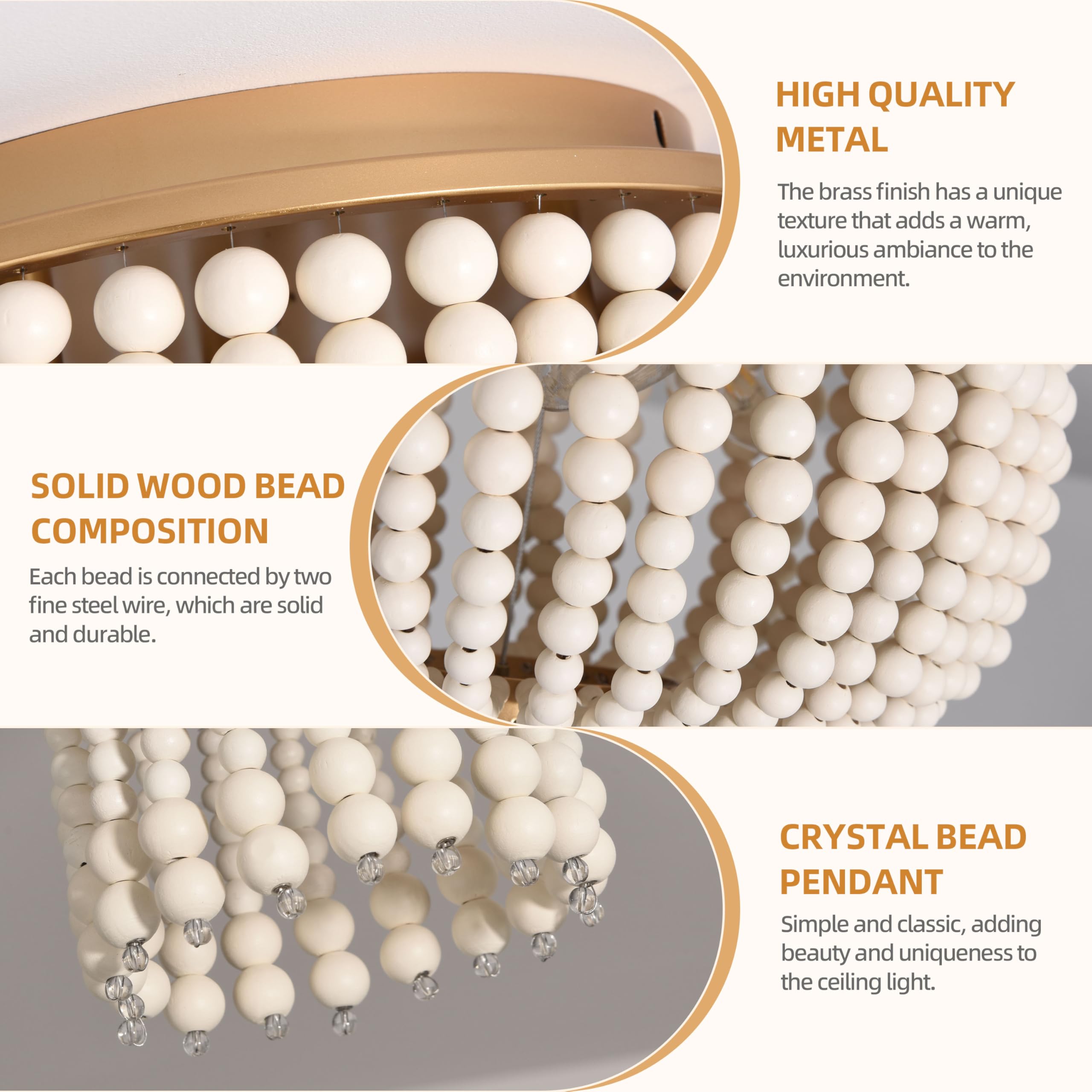 3 Light 12 Inch Boho Light Fixtures Ceiling Wood Beaded Flush Mount Ceiling Light Bohemia Wood Beaded Chandelier Natural Wood Beaded Chandelier Boho Light Fixture for Living Room 