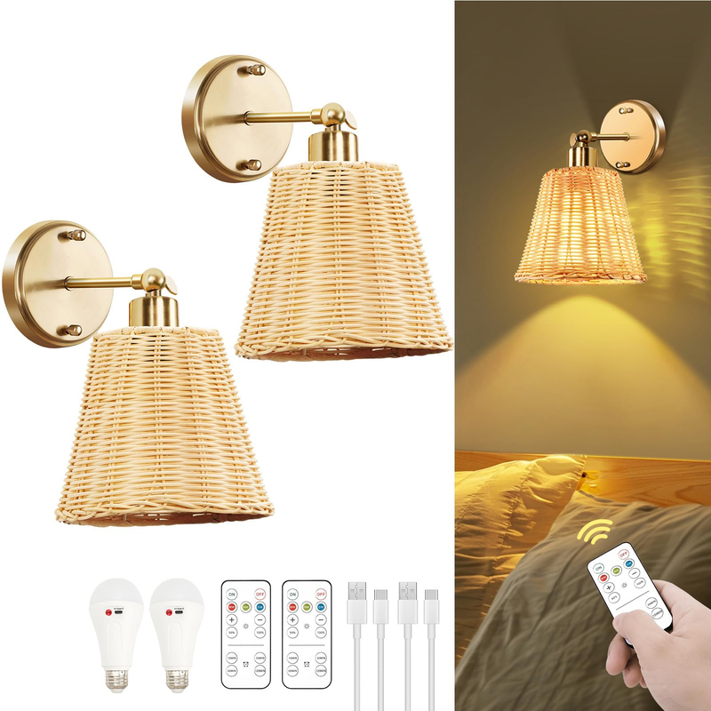 Rattan Rechargeable Battery Operated Wall Sconces Set of Two with Remote, 3 Colors Dimmable Wireless Wall Light, 5200mAh Indoor Wall Lamp with 4 Timer, Boho Sconces Wall Lighting for Bedroo
