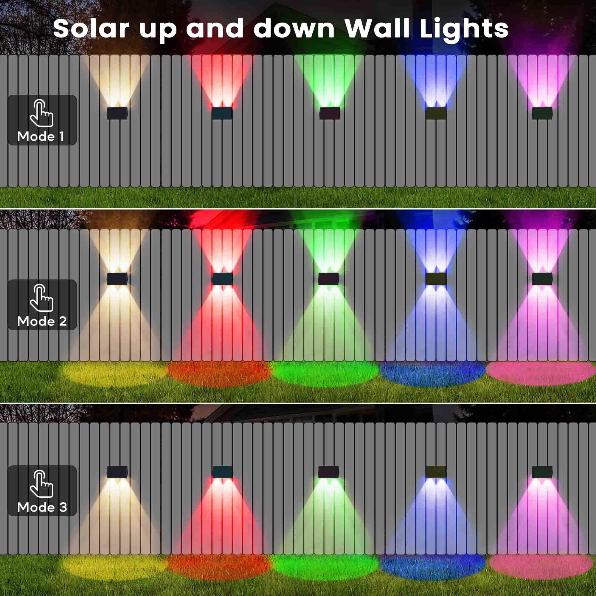  Solar Fence Lights, Fence Lights Solar Powered Warm White & RGB, Up & Down Solar Wall Lights Outdoor, Waterproof Solar Lights 120 Lumens Bright Dusk to Dawn for Yard/Pool/Porch/Patio/Railing