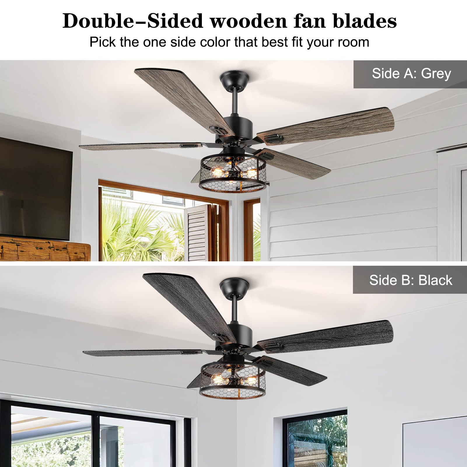  52 Inch Farmhouse Ceiling Fan with Lights and Remote,3-Lights Ceiling Fan with Caged Light Fixture,Rustic Ceiling Fan for Patio, Livingroom, Bedroom, Dining Room 