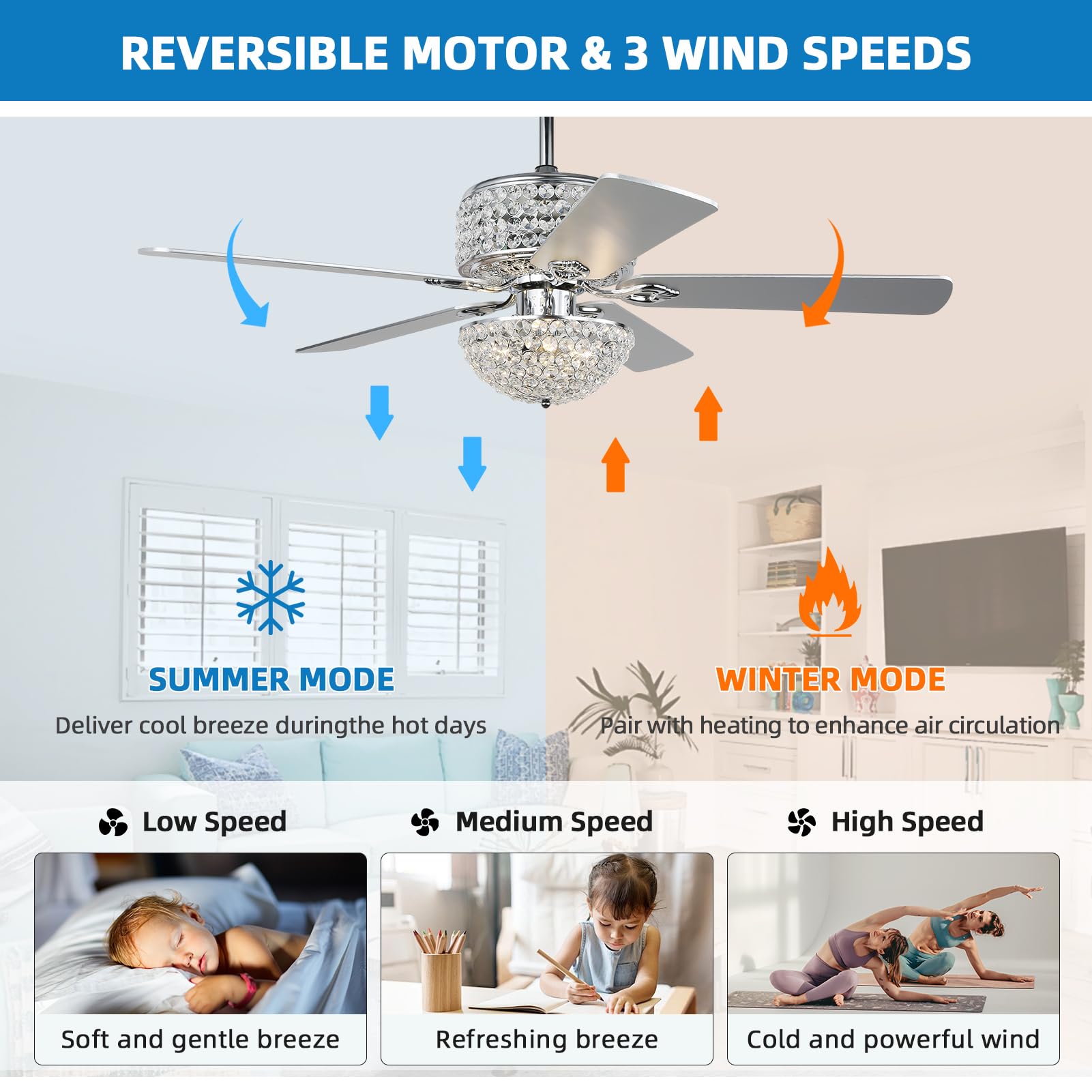 Crystal Ceiling Fan with Lights, 52” Modern Chandelier Fan with Remote Control, Quiet Fandelier with Reversible Dual Finish Blades, Indoor Fan Perfect for Living Room Dining Room, Bedroom, Silver 