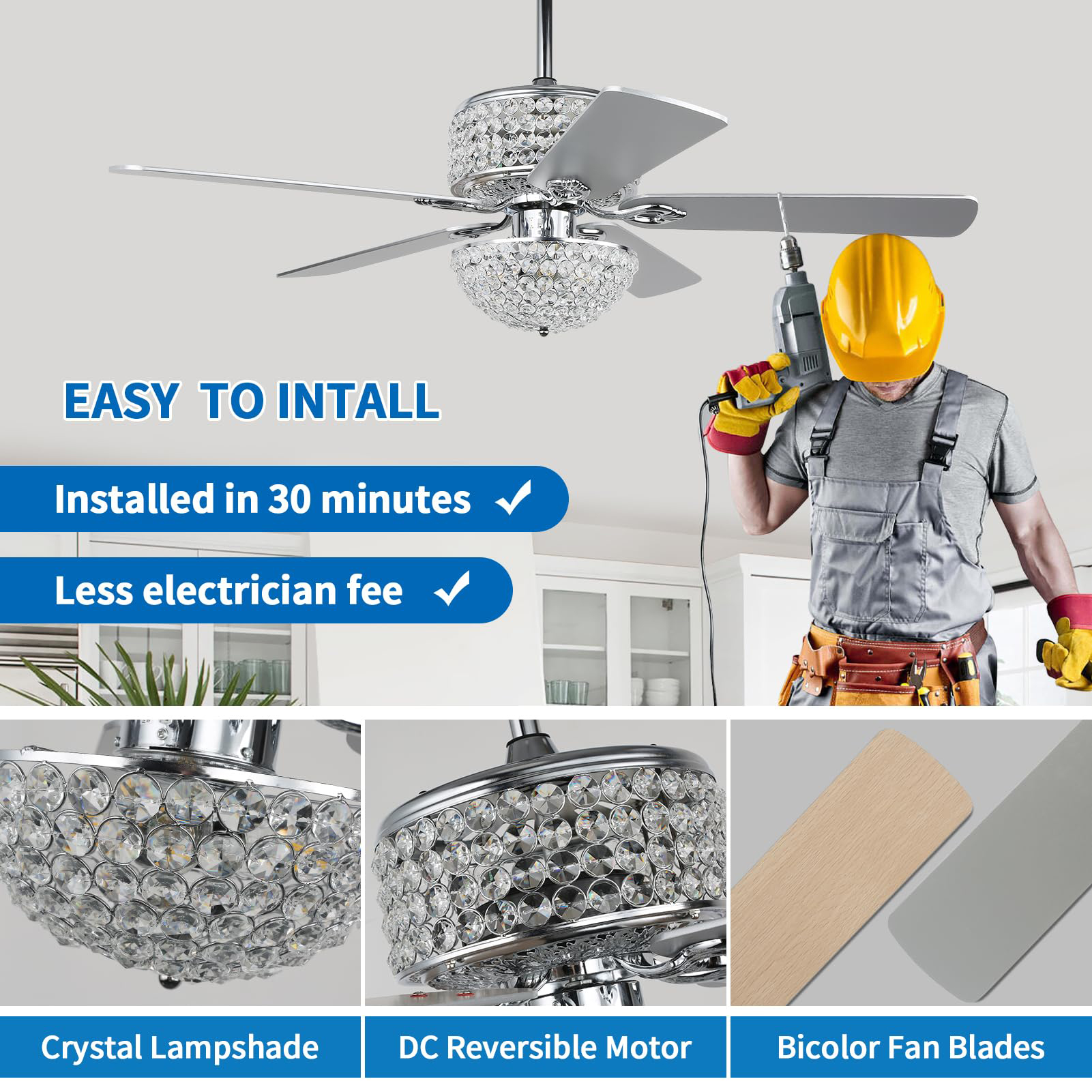 Crystal Ceiling Fan with Lights, 52” Modern Chandelier Fan with Remote Control, Quiet Fandelier with Reversible Dual Finish Blades, Indoor Fan Perfect for Living Room Dining Room, Bedroom, Silver 