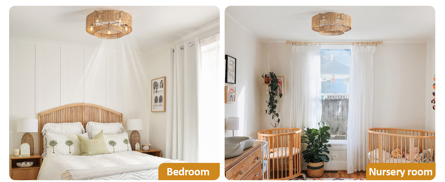 20 Inch Boho Caged Ceiling Fans with Lights Flush Mount, Layered Rattan Ceiling Fan with Light Remote Control with Reversible 6 Speeds for Bedroom, Nursery, Living Room, E12 Base, Indoor (13)
